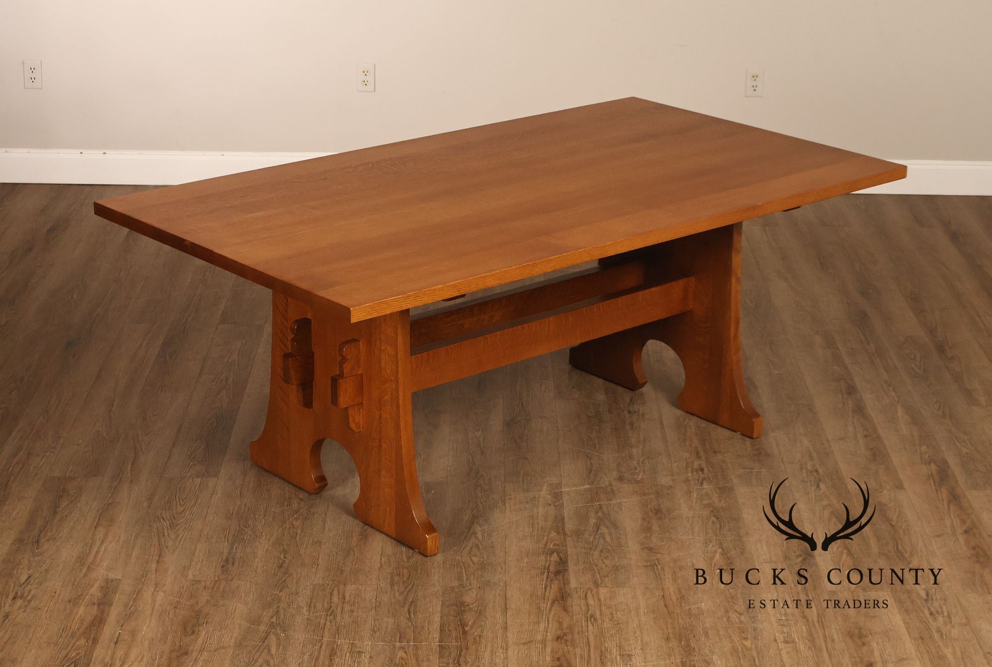 Stickley Mission Collection Oak Trestle Dining Table With Two Leaves