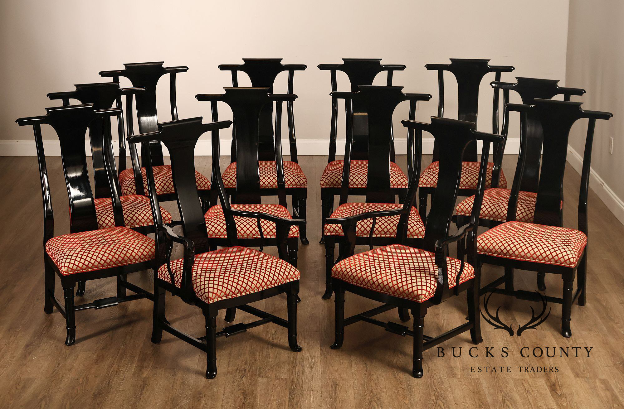12 Custom Black Lacquered Asian Inspired Dining Chairs