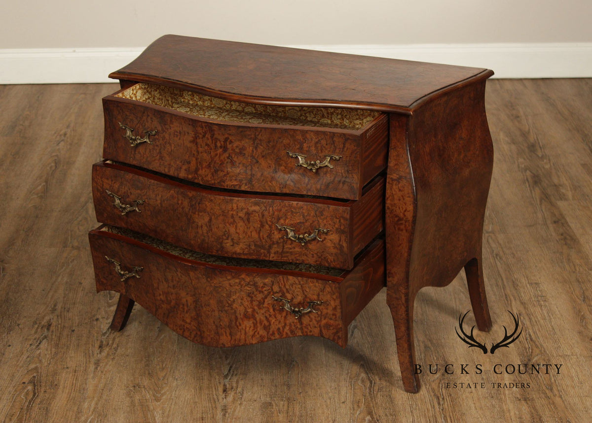 Vintage Louis XV Style Burlwood Bombe Three-Drawer Commode Chest