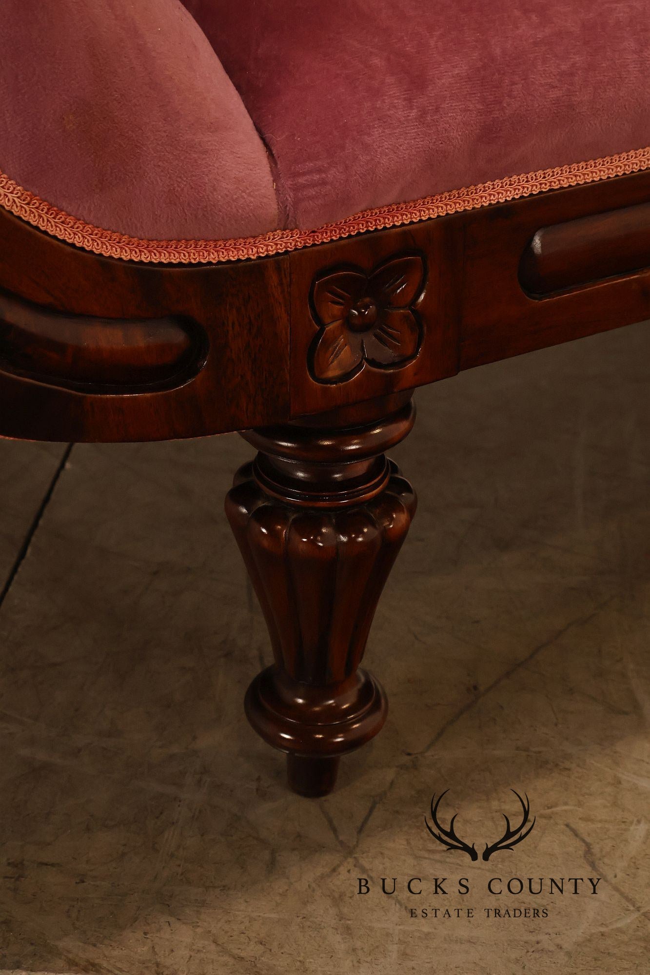 Victorian Style Mahogany Carved Wood Framed Pink Velour Upholstered Sofa