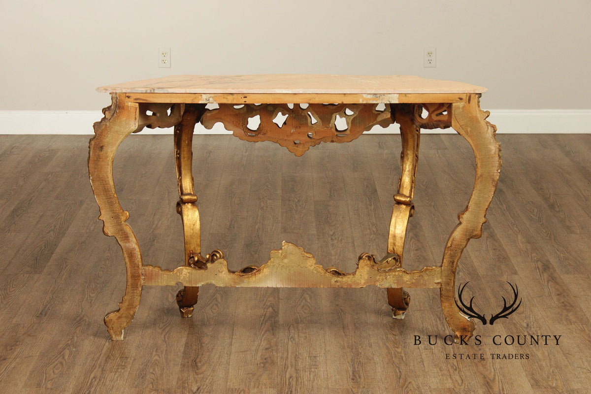 Venetian Rococo Style Marble Top Giltwood Console Table