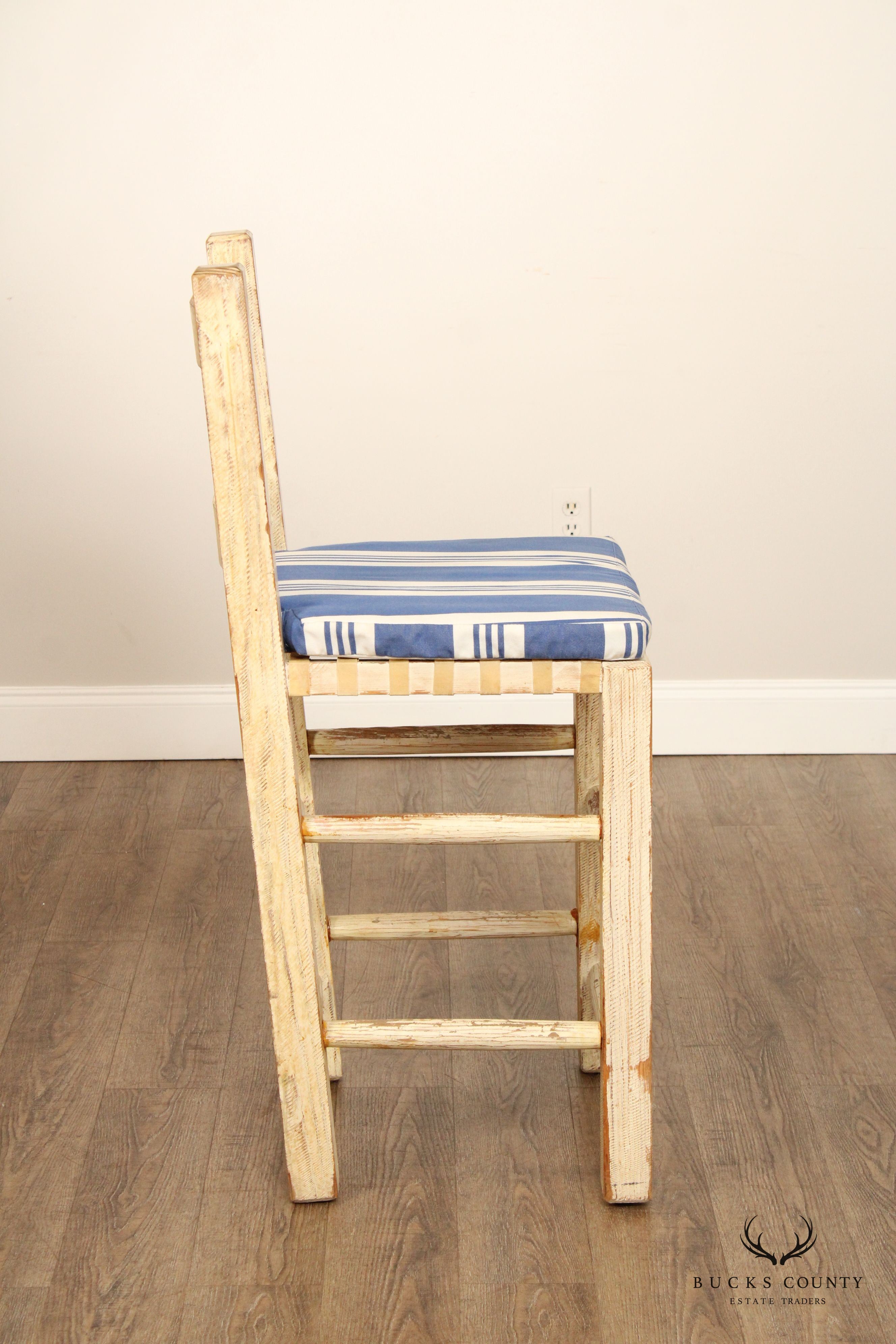 Farmhouse Style Set of Three Distress Painted Bar Stools