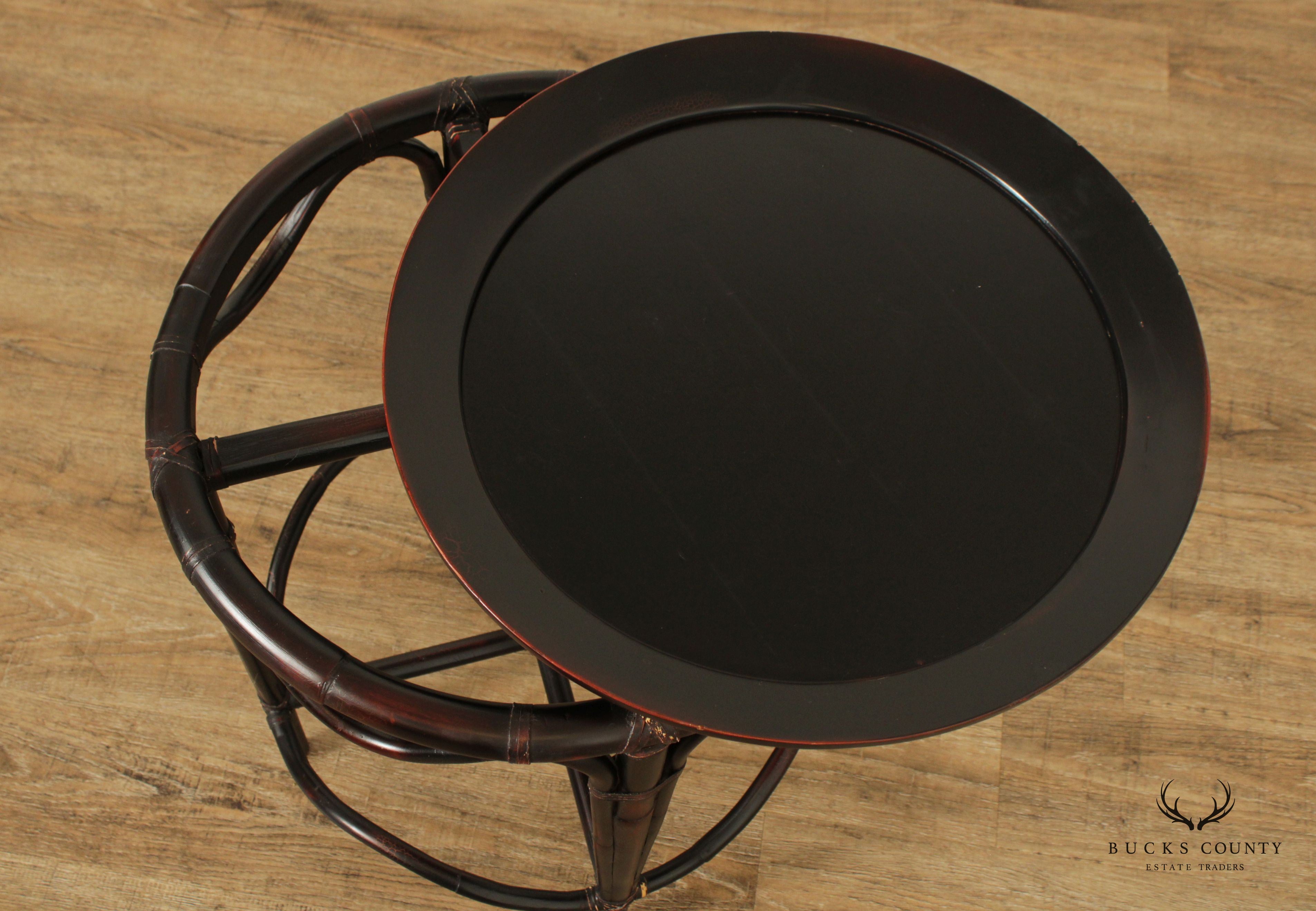 Vintage Chinese Black Lacquered Bamboo Round Tray Table