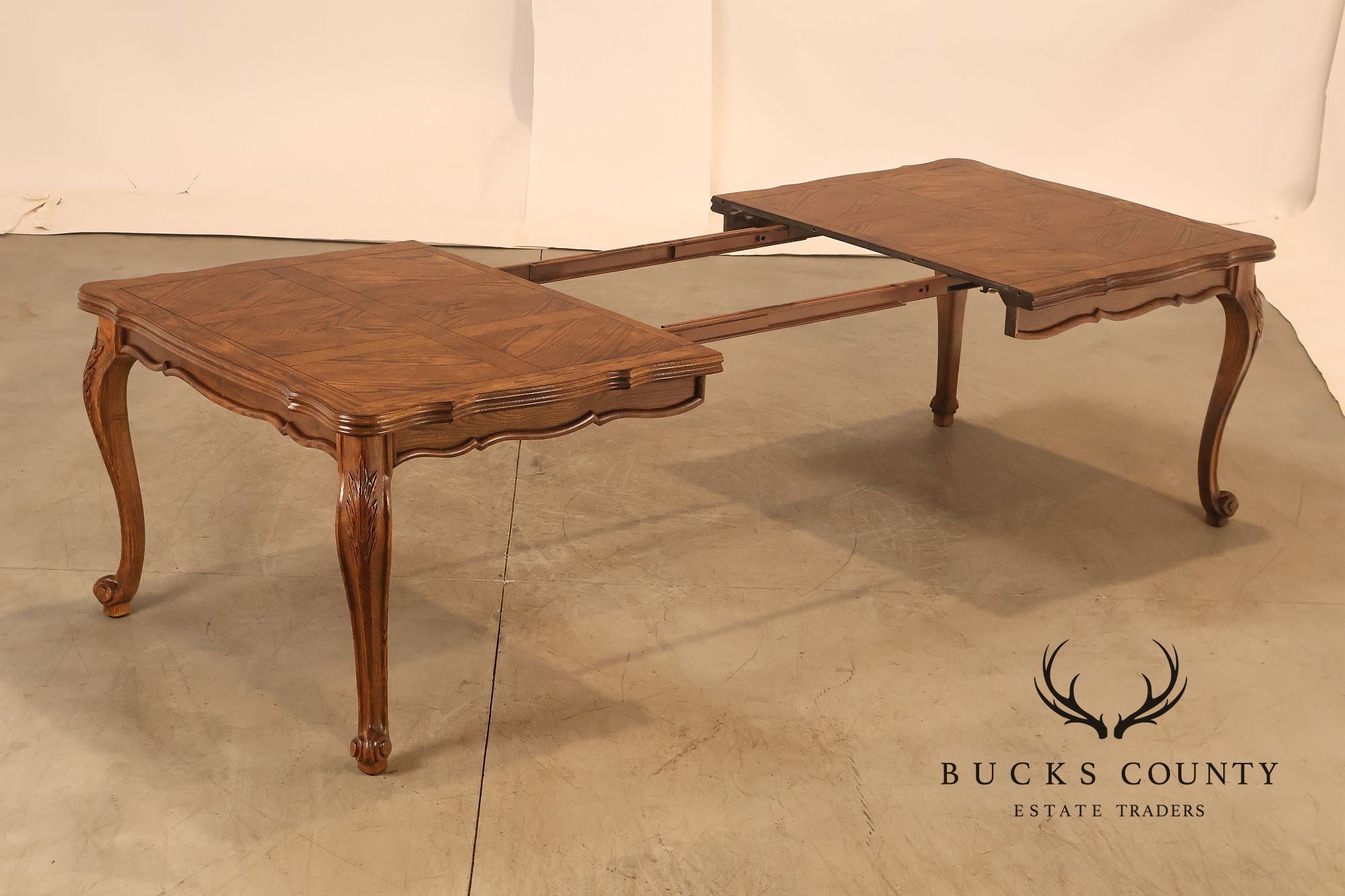 Century French Country Oak Parquet Top Expandable Dining Table With 2 Leaves