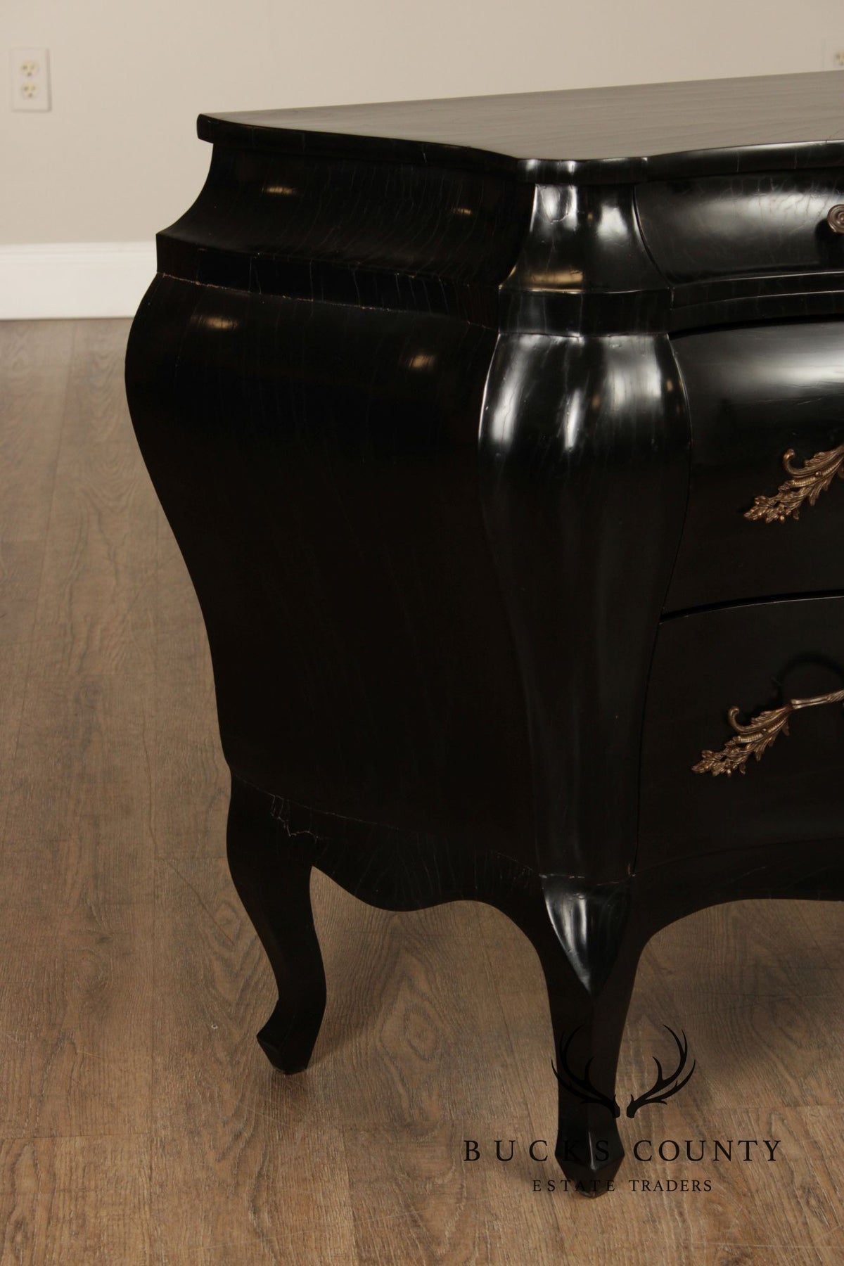 Vintage Italian Rococo Style Ebonized Olive Wood Bombe Chest