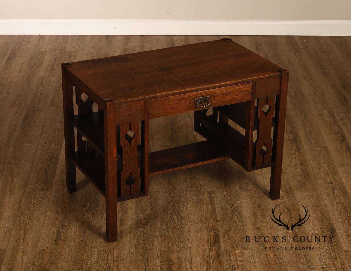 Antique Arts And Crafts Mission Oak Writing Desk With Side Shelves