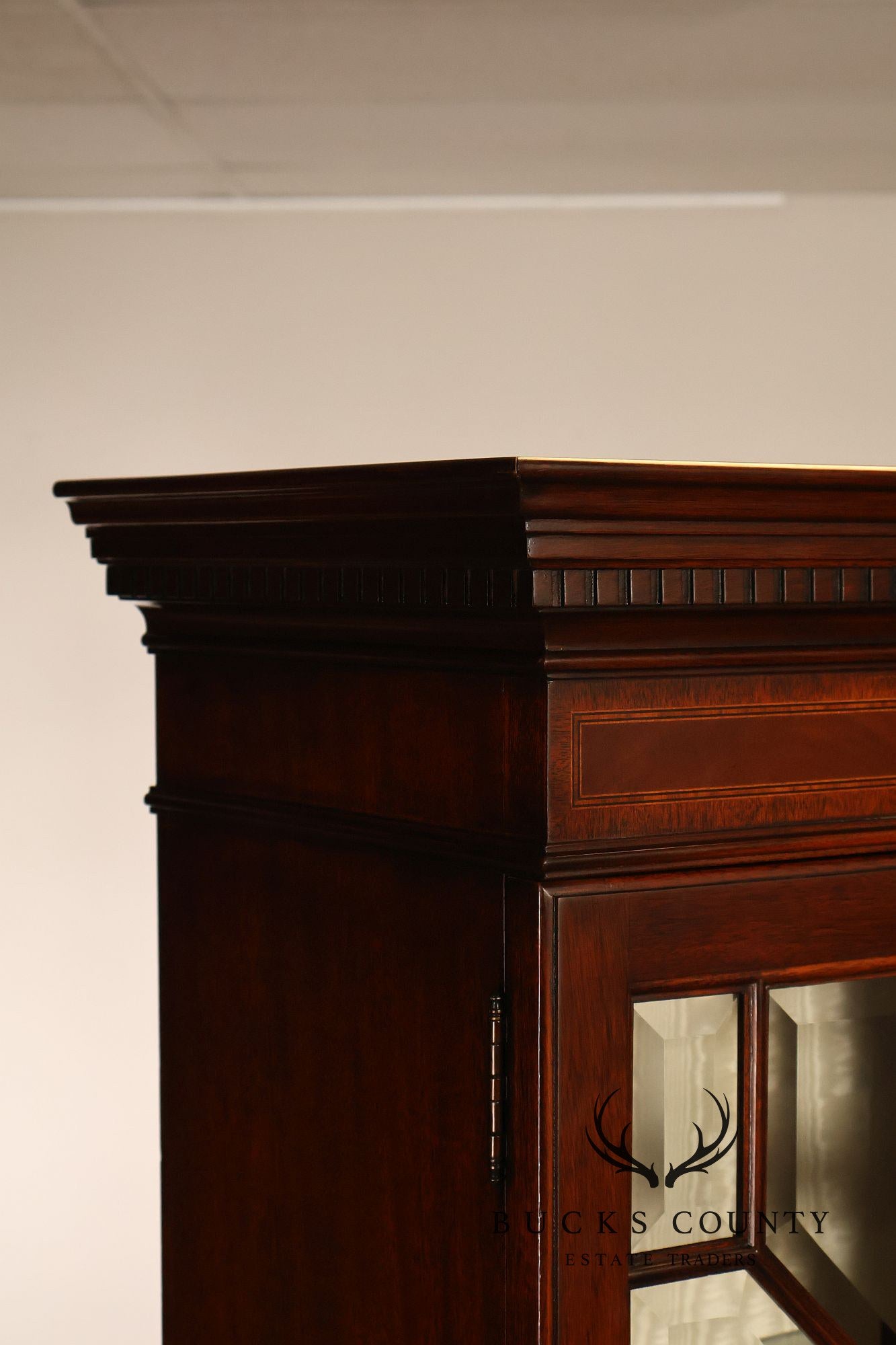Karges English Style Mahogany Breakfront China Cabinet Display Bookcase with Carved Pediment and Silk Backing