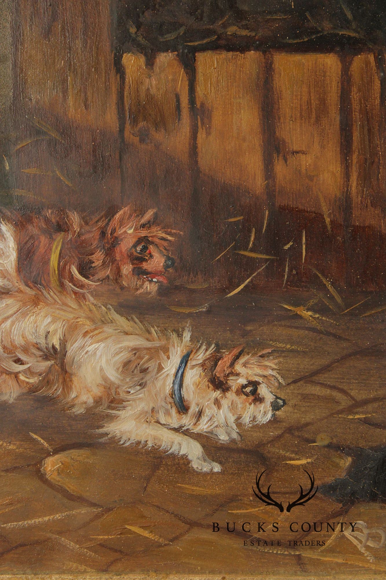 Antique English School Oil Painting, Dogs in Barn