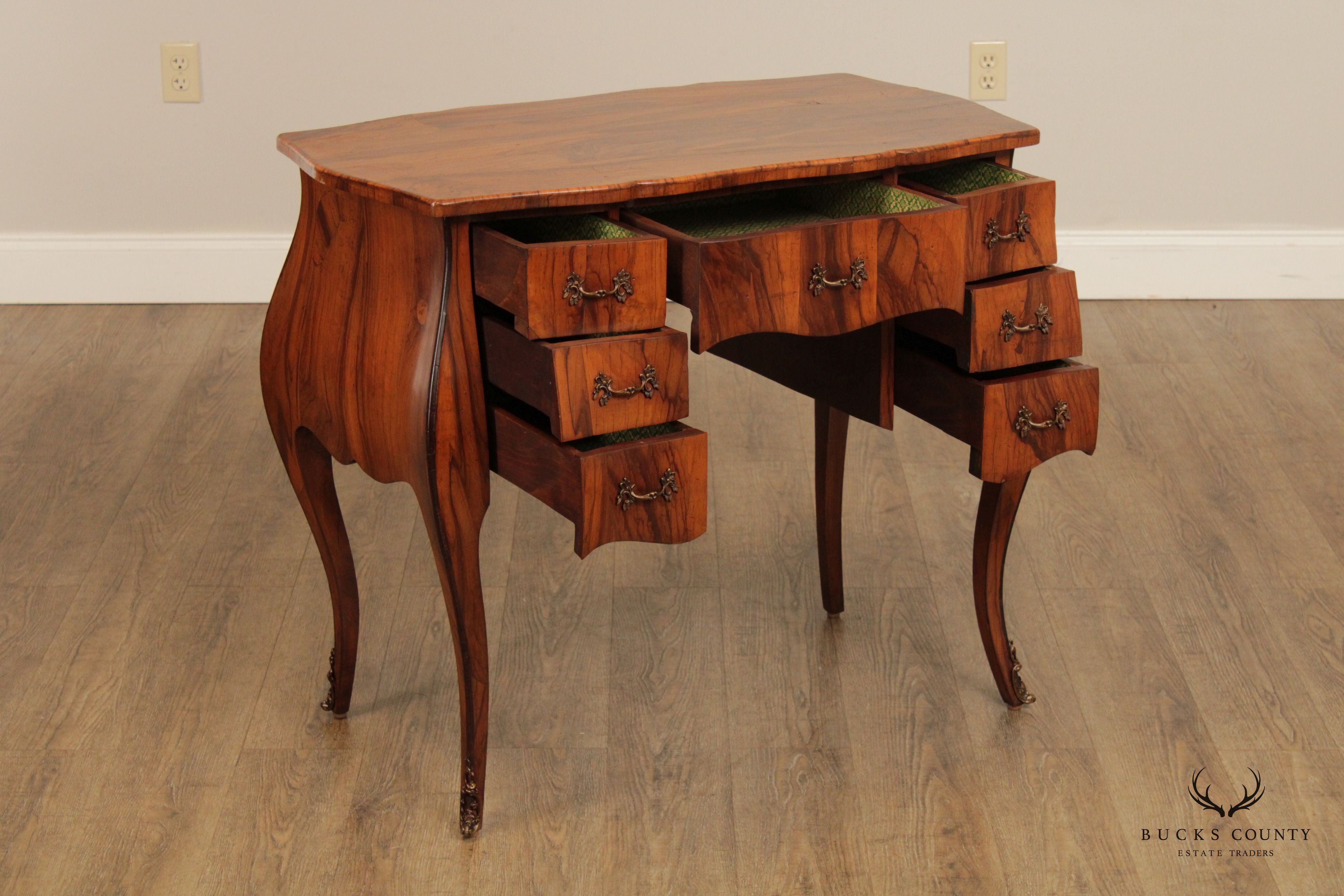 Italian Rococo Style Olive Wood Bombe Writing Desk