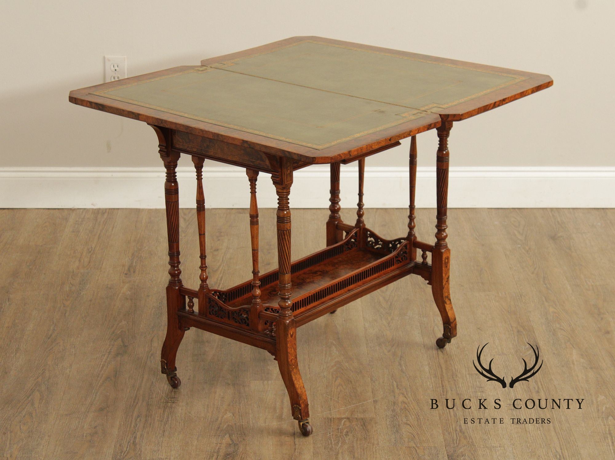 Antique English Burl Walnut Inlaid Games Table