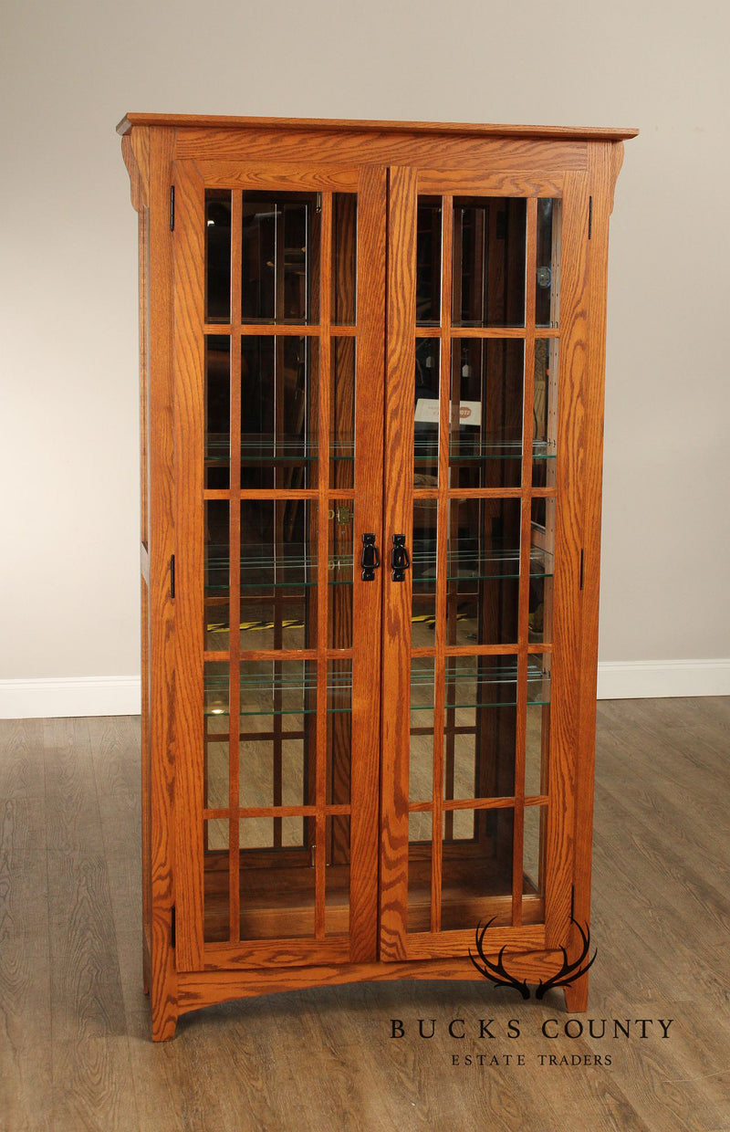 Mission Style Pair of Glass Door Oak Display Curio Cabinets