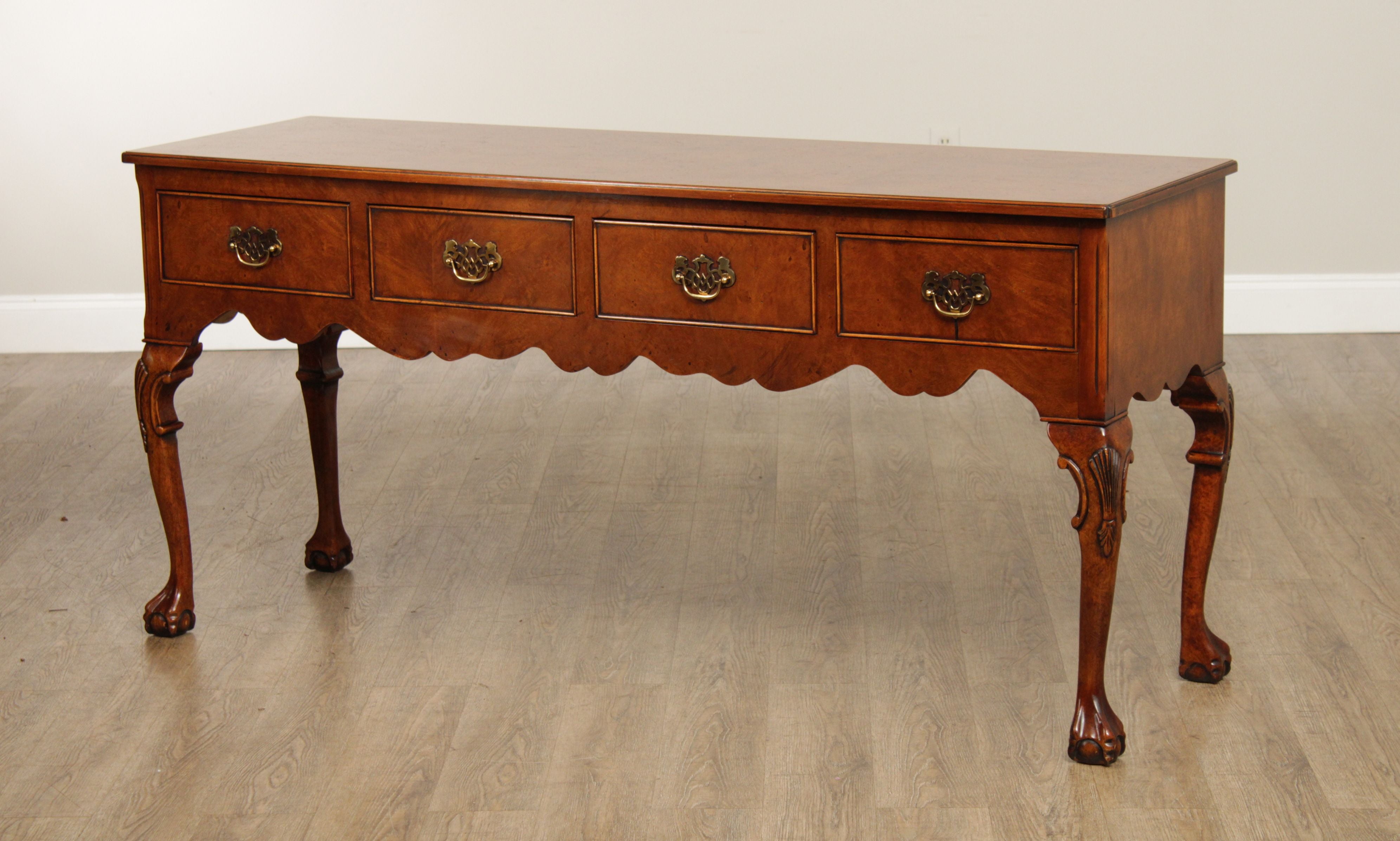 Georgian Style Carved Four Drawer Burl Walnut Sideboard