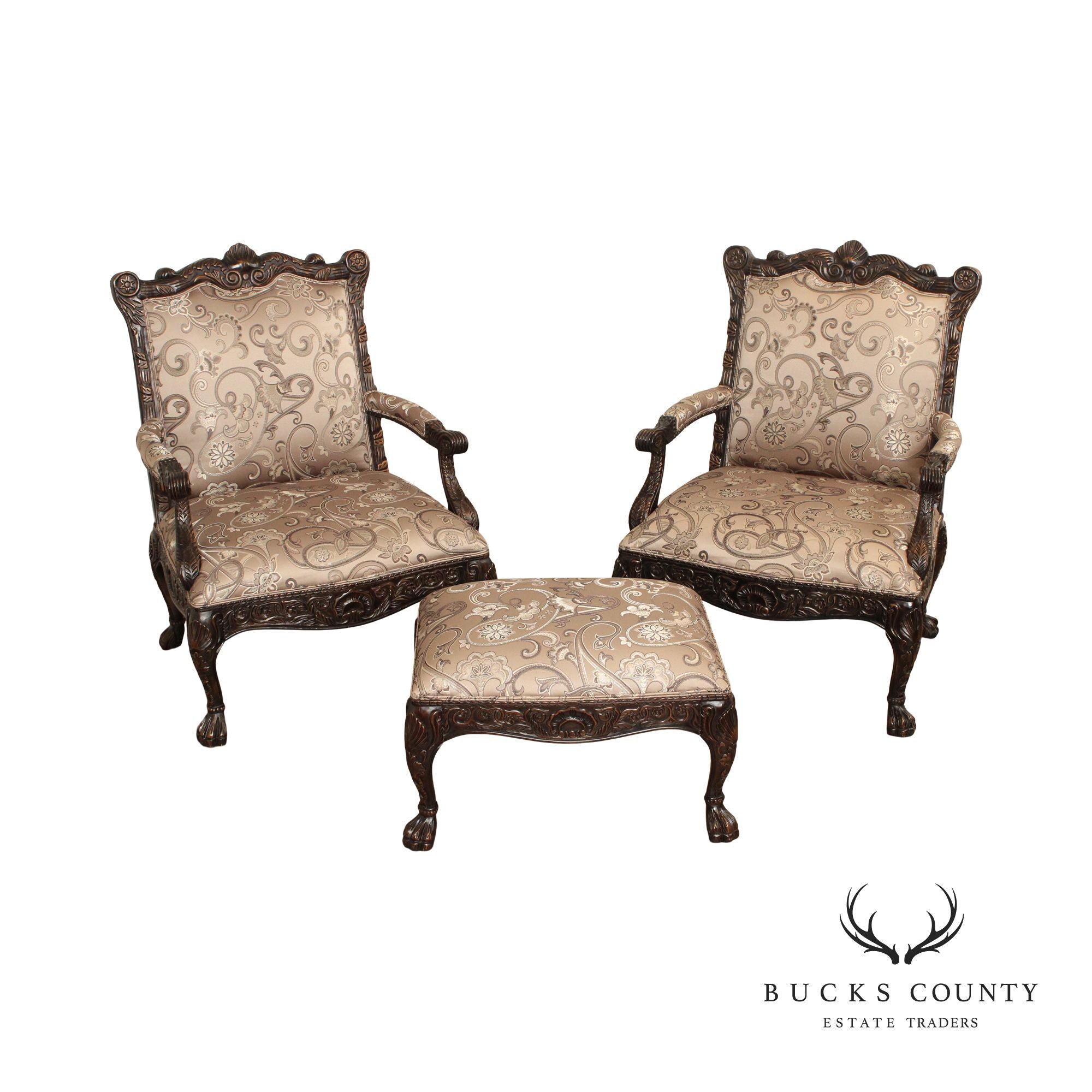 Modern Georgian Style Wide Seat Pair Of Carved Frame Custom Upholstered Armchairs With Ottoman