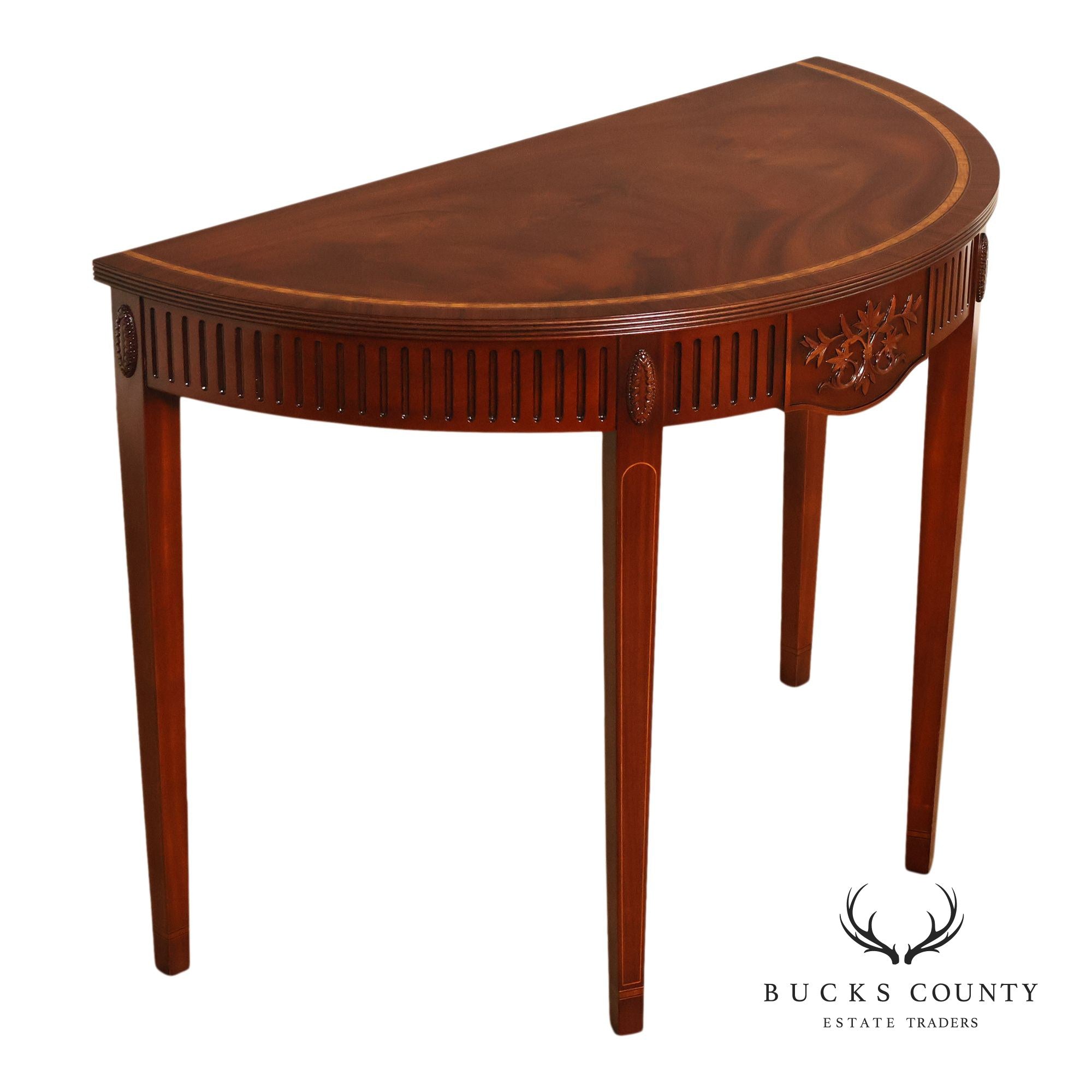 Custom Mahogany Inlaid Demilune Console Table