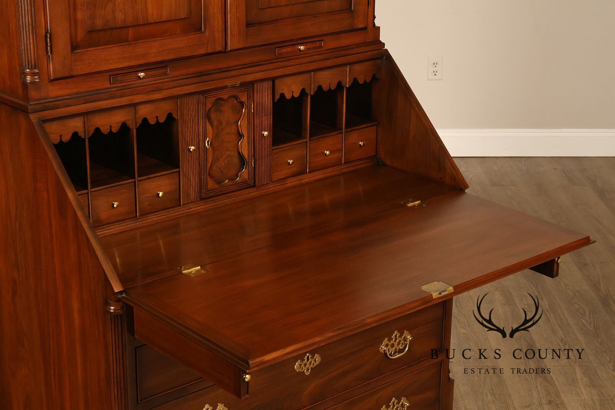 HENKEL HARRIS CHIPPENDALE STYLE TWO PART BLACK WALNUT BLIND DOOR SECRETARY DESK