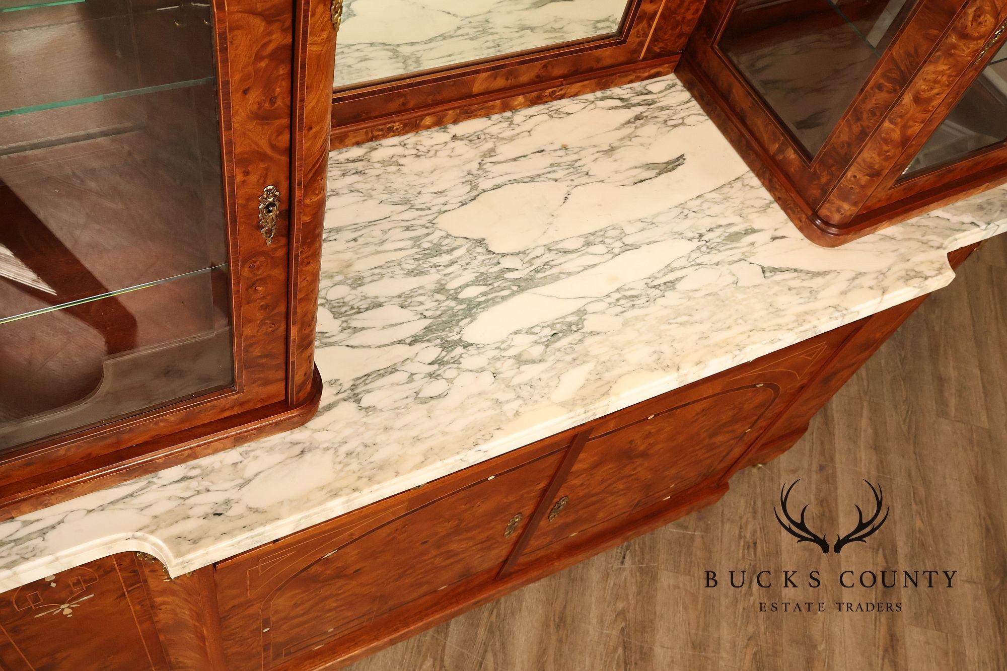 French Belle Époque Art Nouveau Burled Walnut Marble Top Sideboard With Display Cabinets