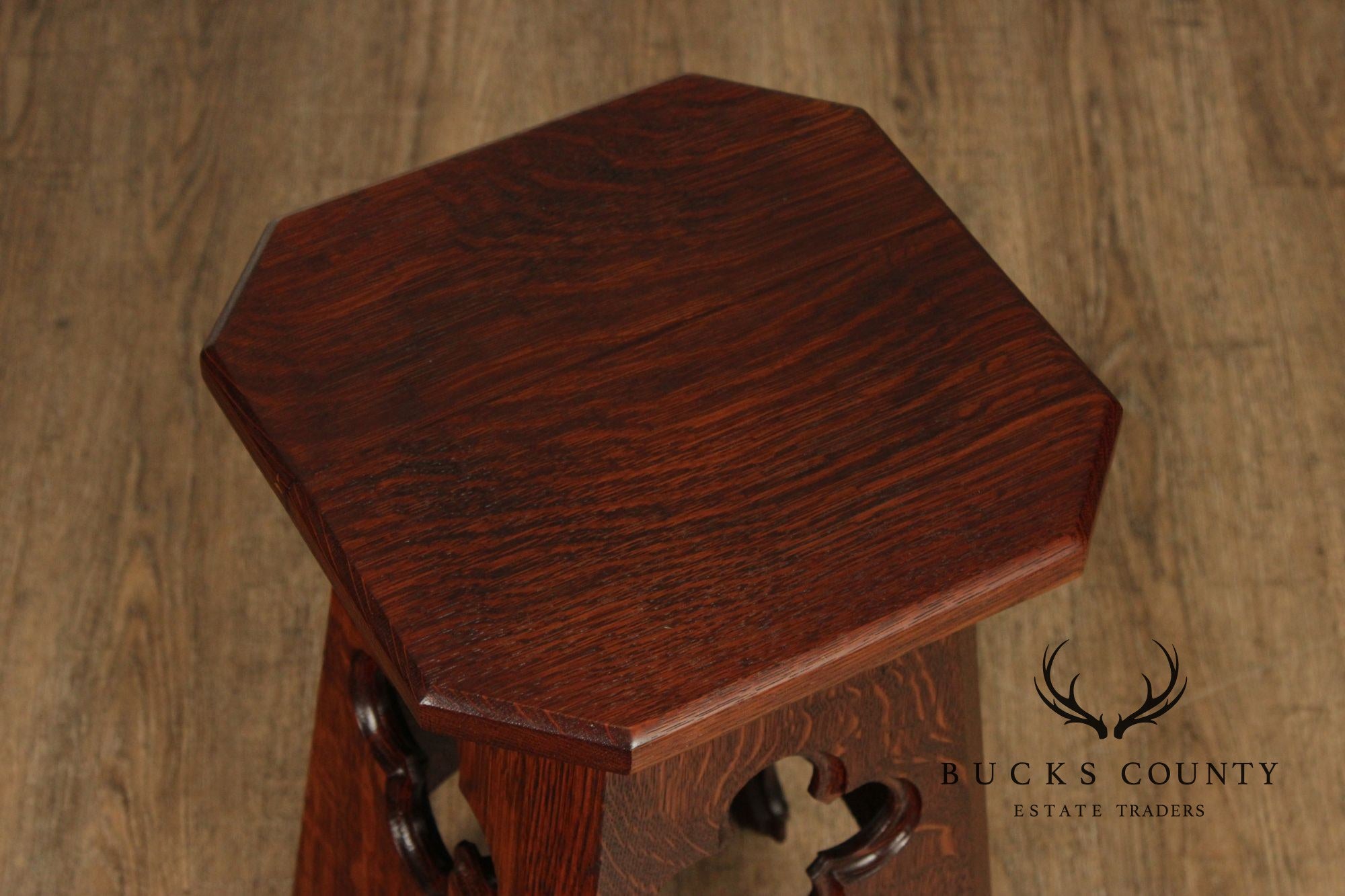 Arts and Crafts Antique Pair of Oak Cut-Out Taboret Side Tables