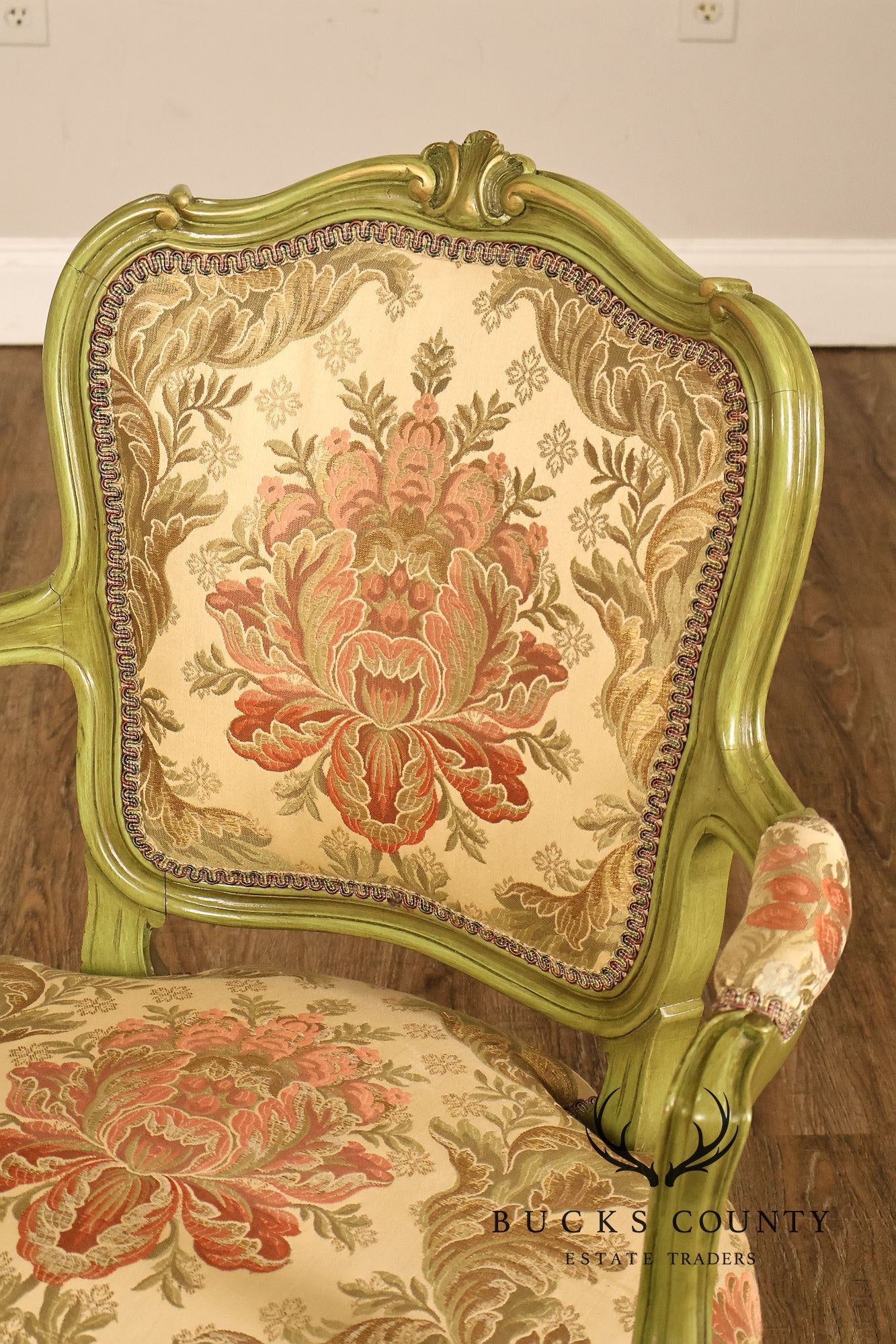 Vintage Louis XV Style Green Painted Floral Upholstered Armchair