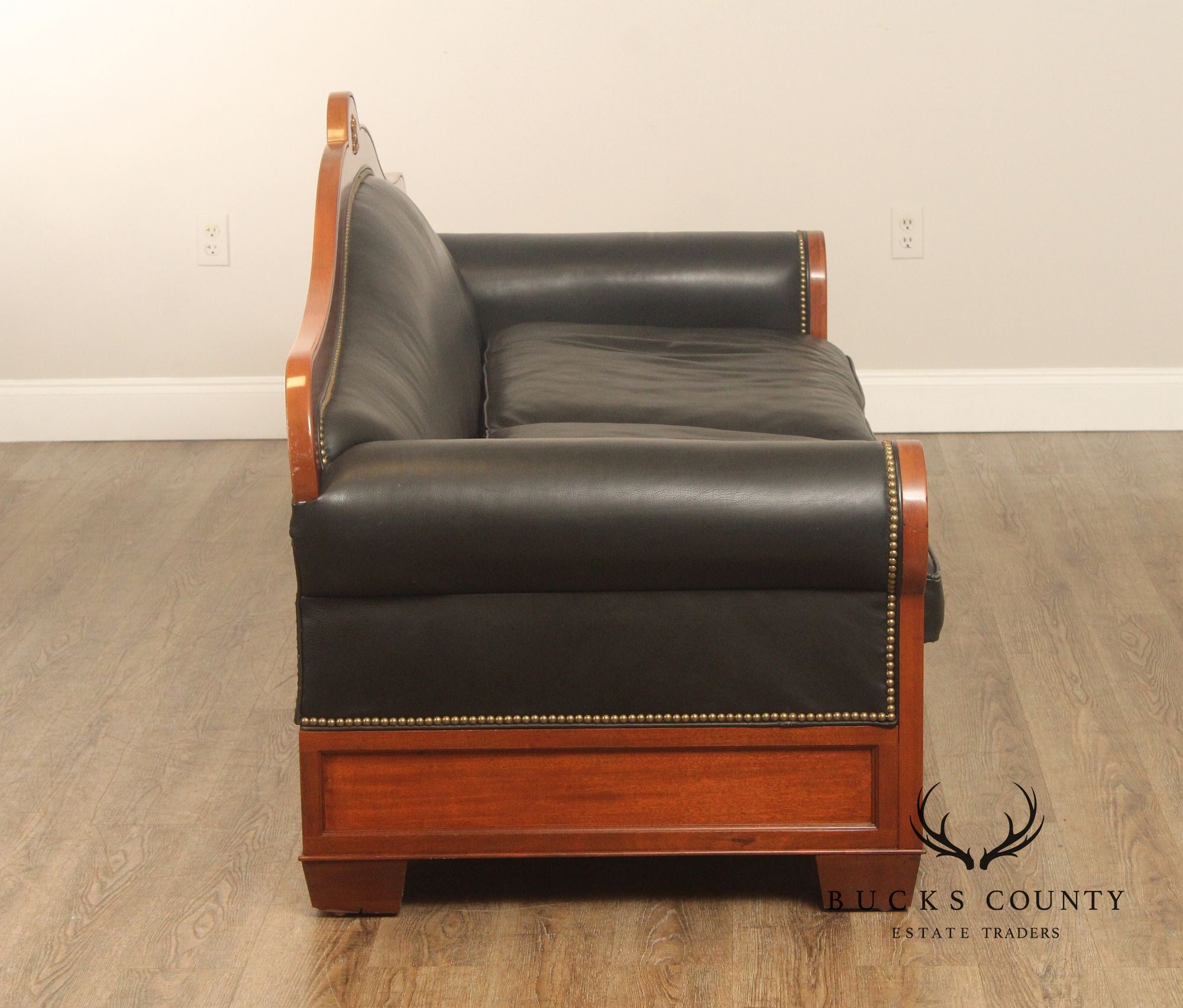 Ralph Lauren Empire Style Mahogany Frame Black Leather Sofa