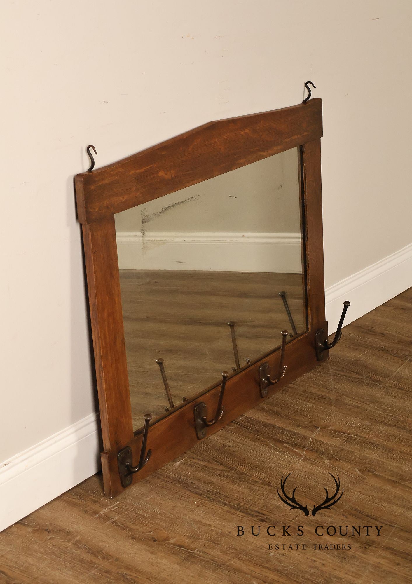 Gustav Stickley Antique Mission Oak Wall Mirror With Coat Hooks #66