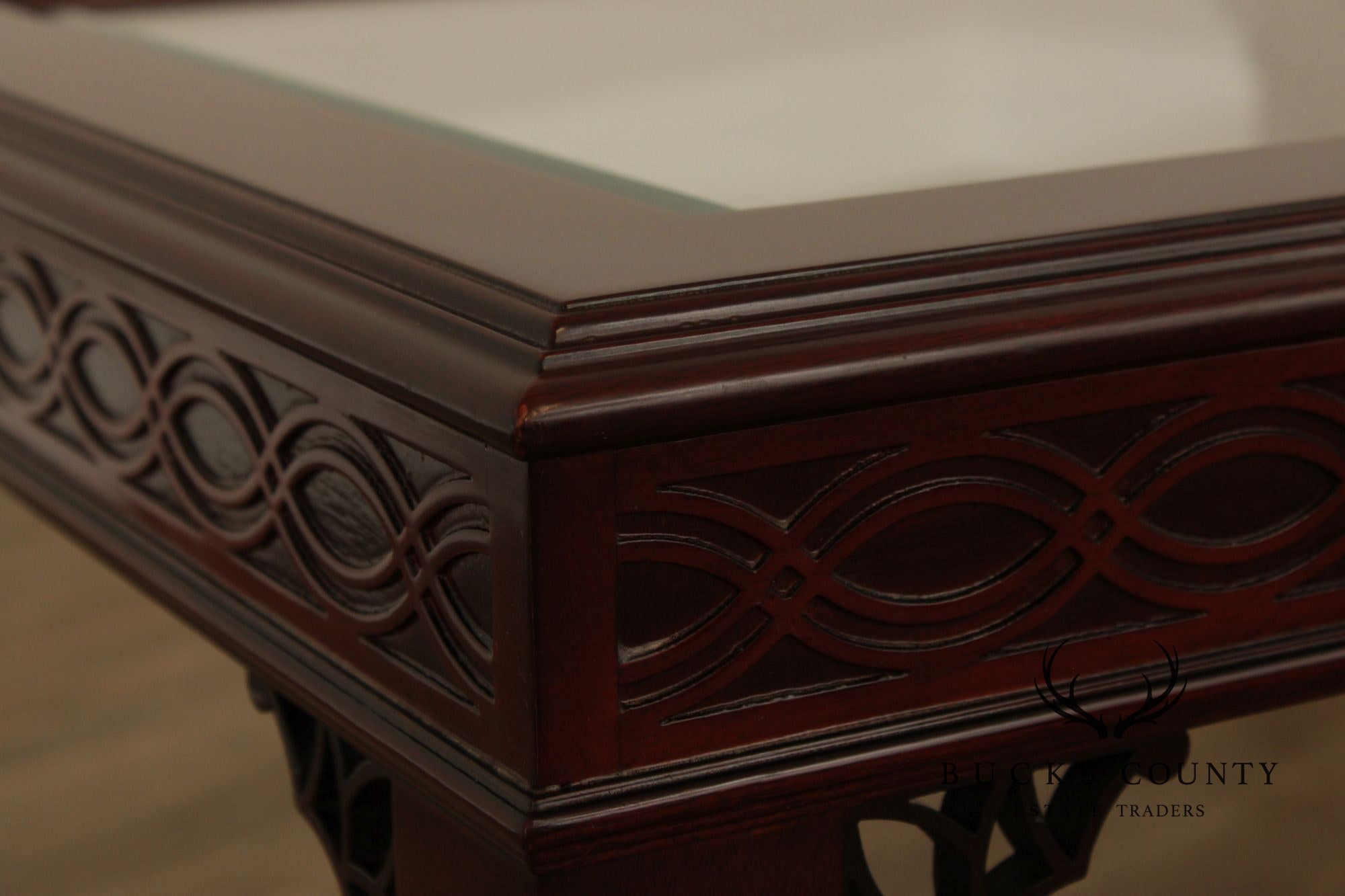 Kindel Chinese Chippendale Style Glass Top Mahogany Coffee Table