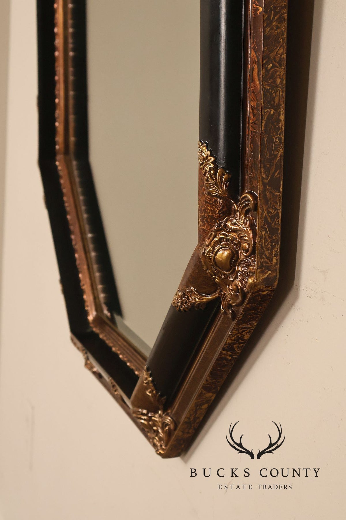 Traditional Octagonal Black And Gilt Beveled Wall Mirror