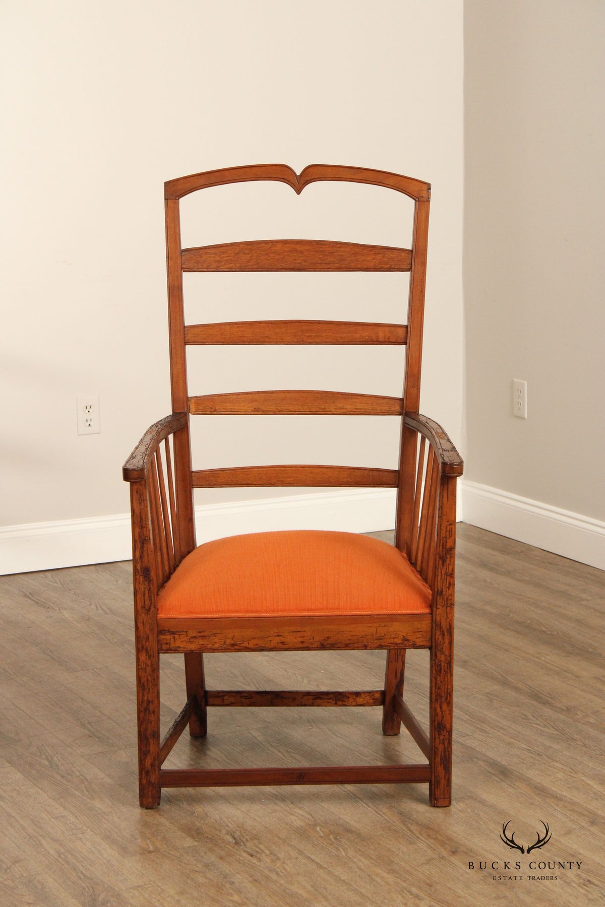 Antique Arts And Crafts Distressed Oak Tall Ladder Back Armchair