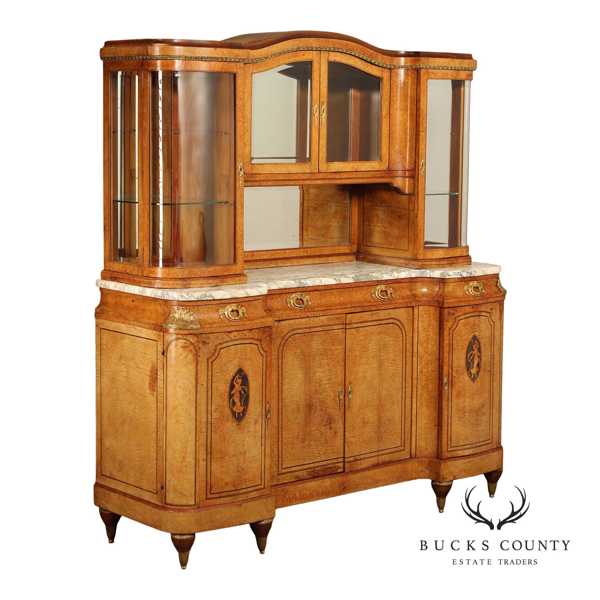 Antique French Louis XVI Style Burl Walnut Marble Top Buffet Hutch