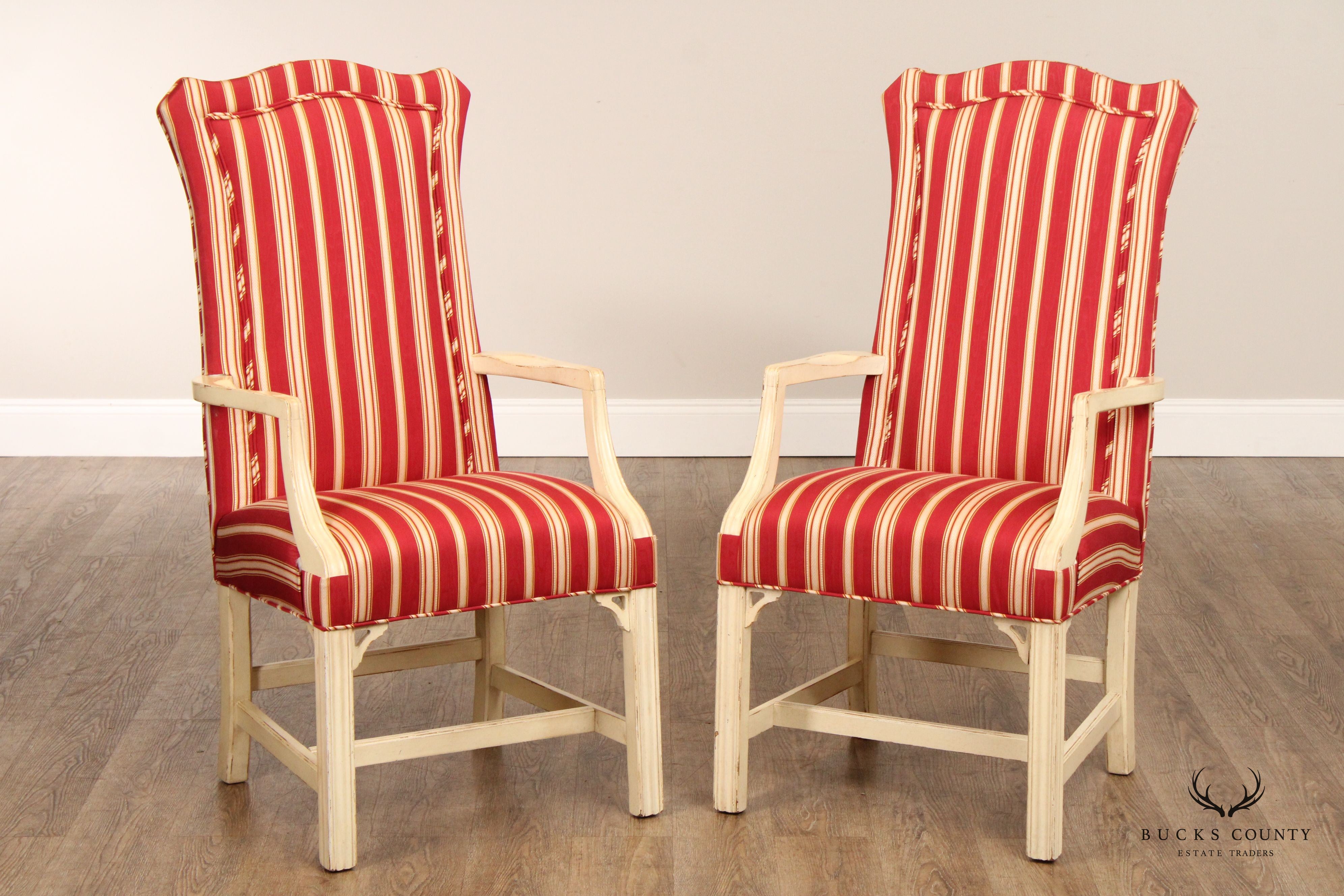 Chippendale Style Pair of Distressed Painted Frame Upholstered Armchairs