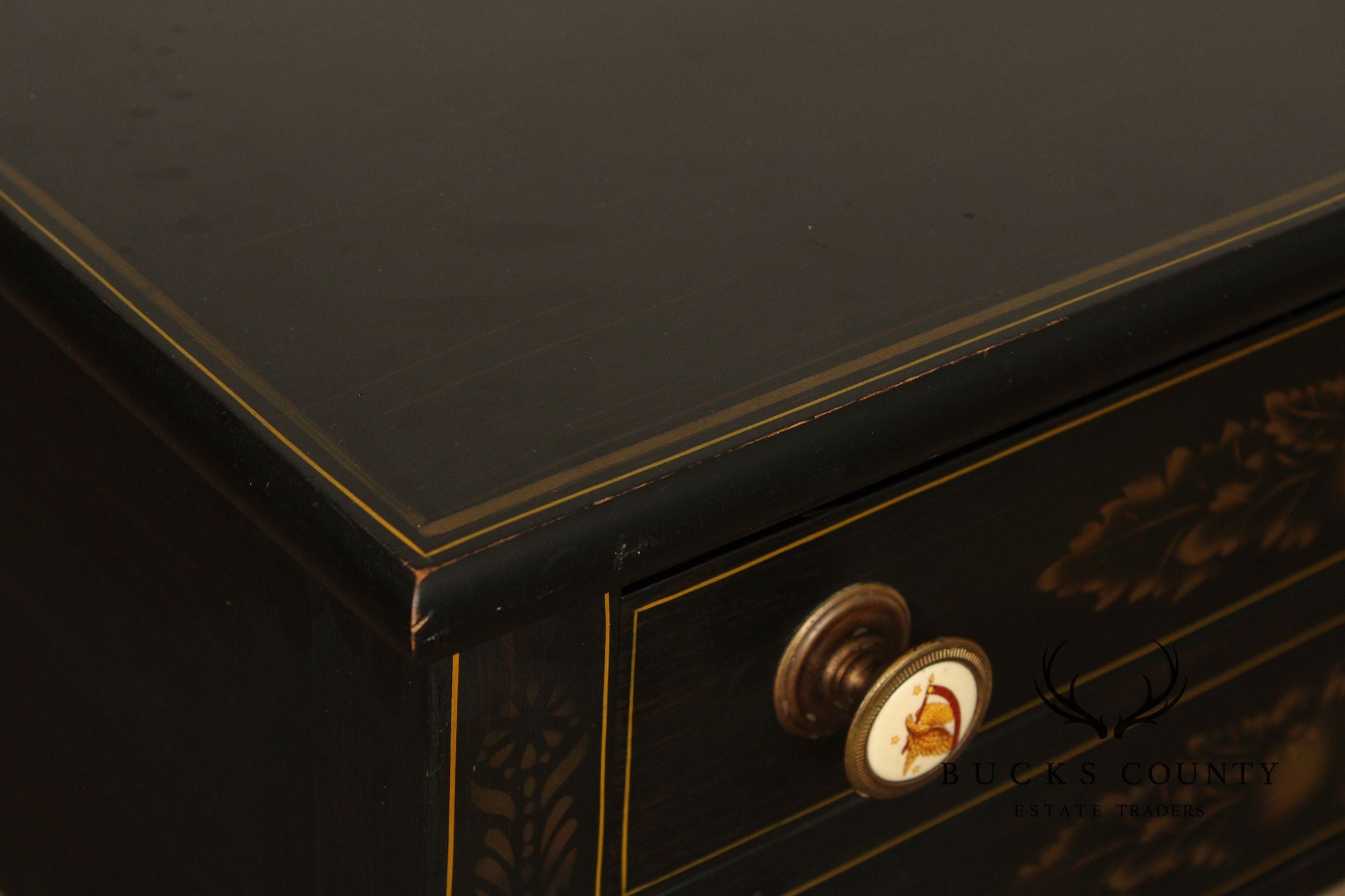 L. Hitchcock Vintage Black and Gilt Painted Two-Drawer Nightstand