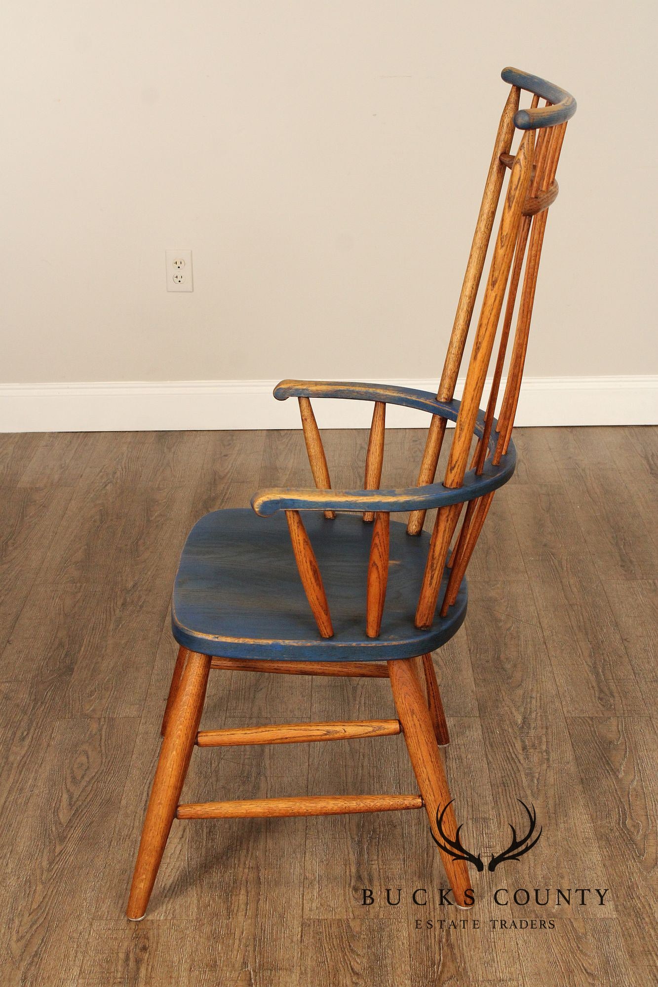 Early American Style Set of Four Oak Painted Windsor Armchairs