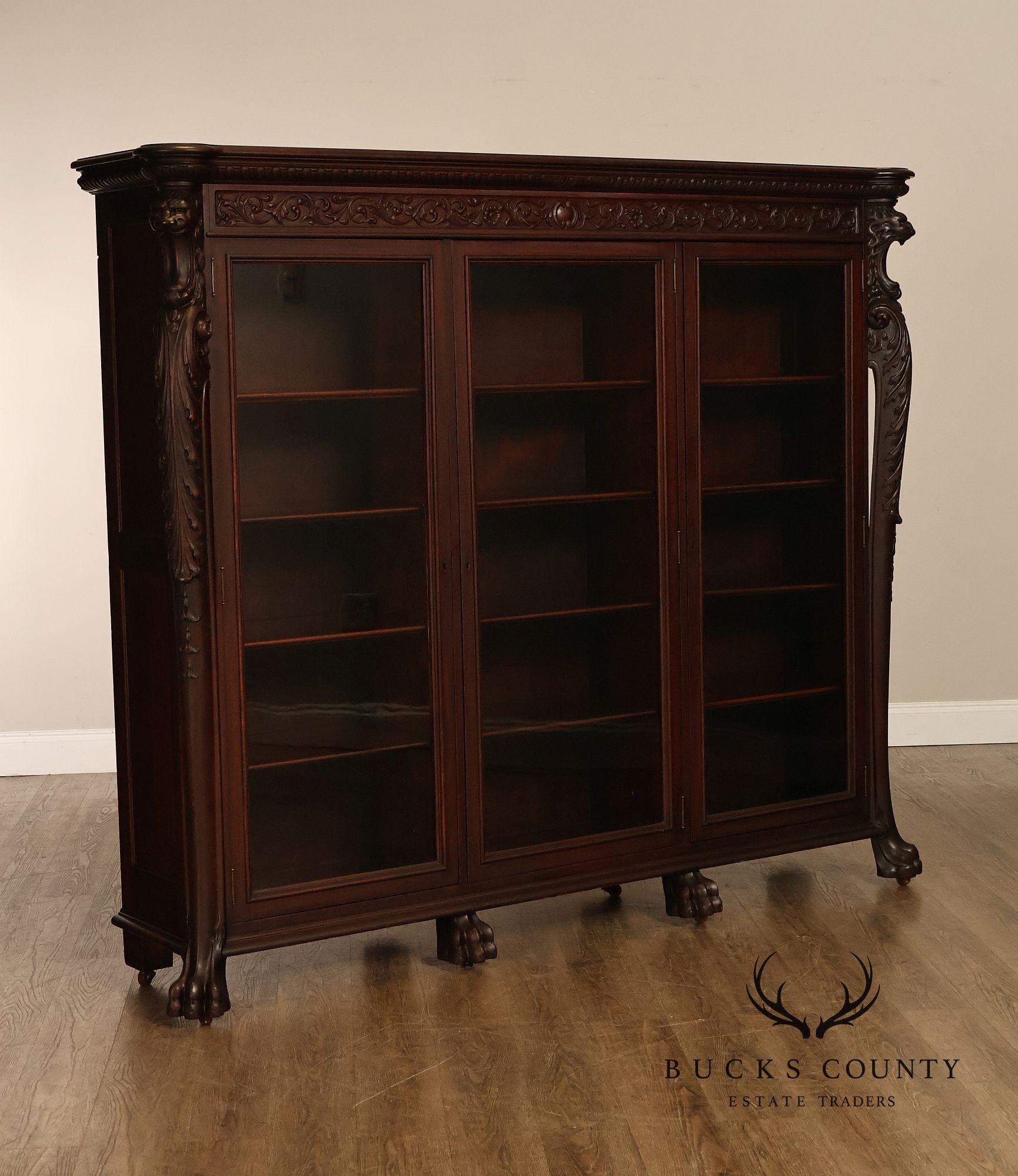 Antique R.J. Horner Lion Carved Mahogany Three-Door Bookcase
