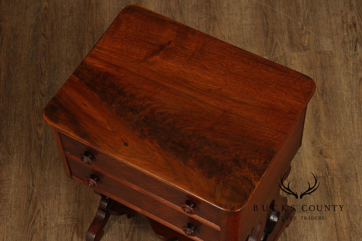 Antique American Empire Mahogany Lyre Form Two-Drawer Work Table