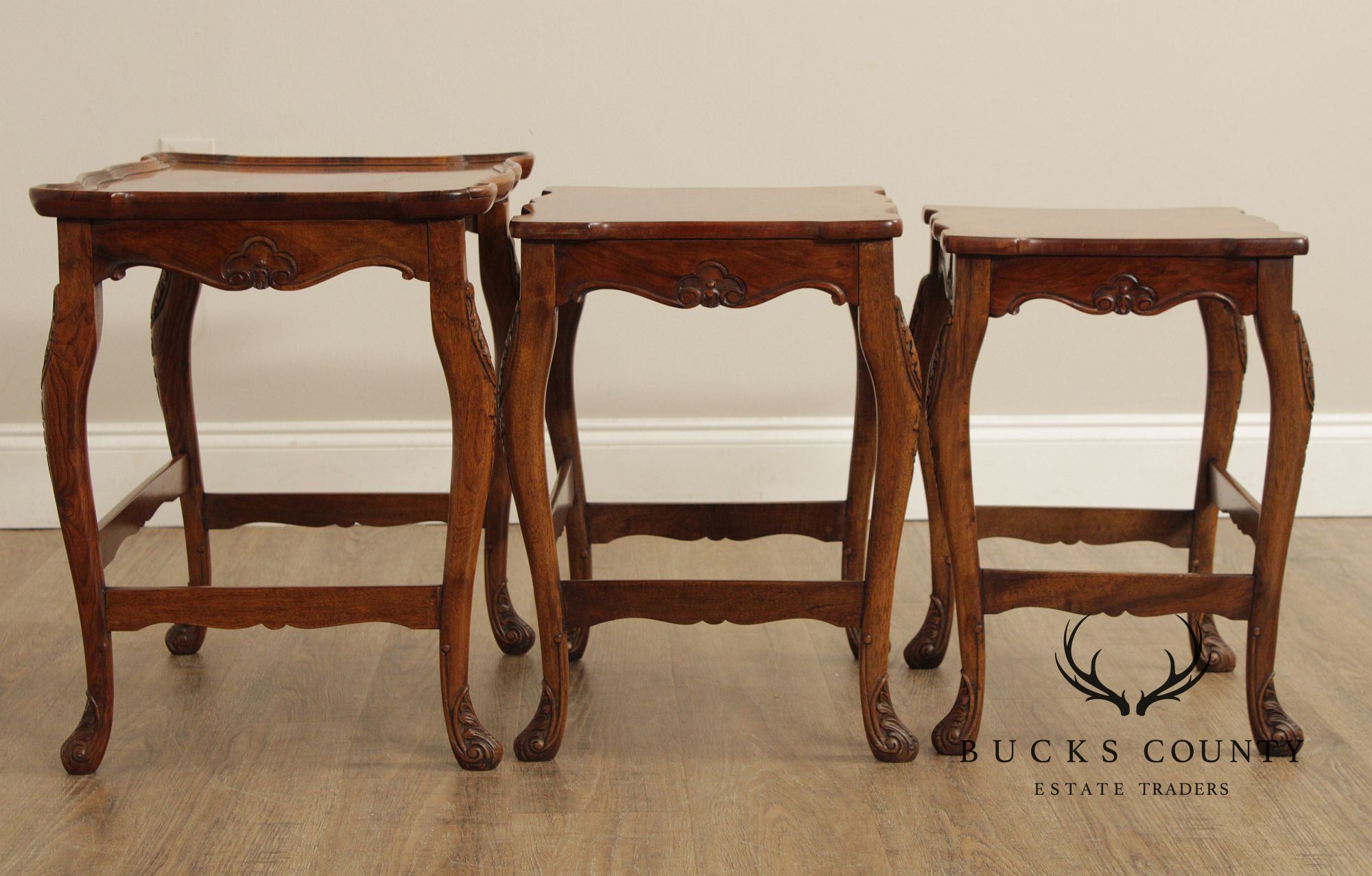 French Louis XV Style Set of Three Burl Walnut Nesting Tables