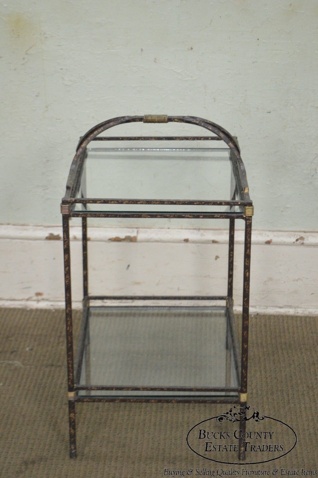 Quality Wrought Iron Glass & Brass 2 Tier Side Table Stand