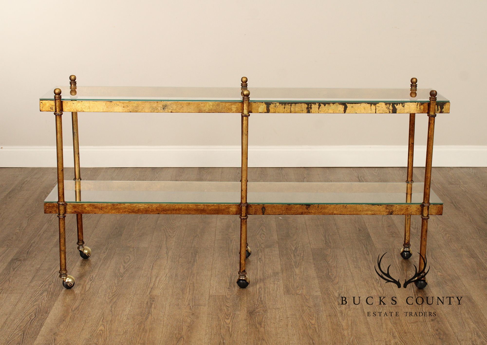 Hollywood Regency Mid Century Gilt Metal Glass Top Bar Console Table