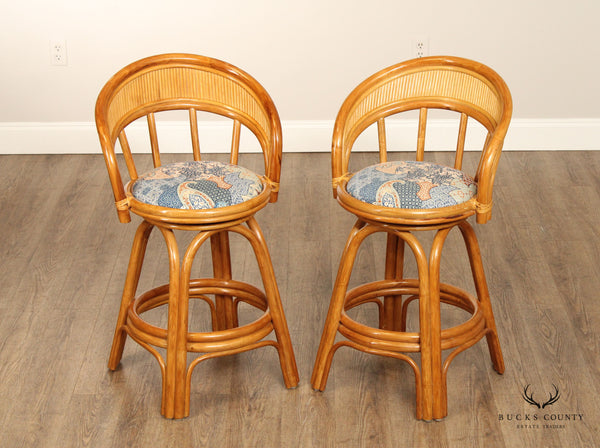 Hollywood Regency Style Vintage Pair of Rattan Swivel Counter Stools
