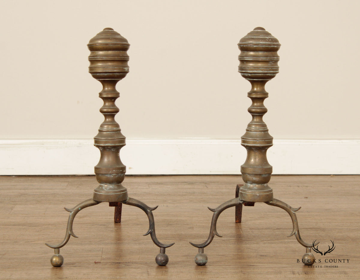 Antique Pair Federal Style Brass Andirons