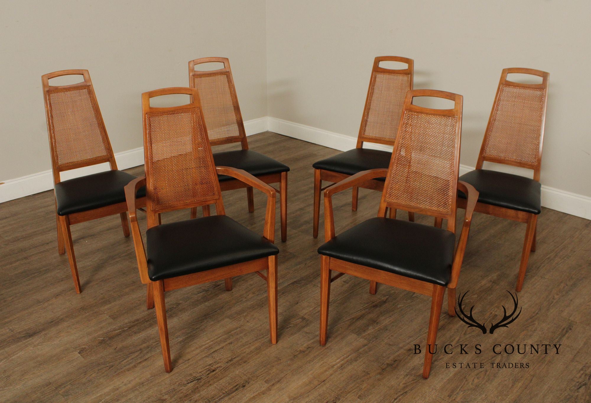 Broyhill Premier Mid Century Modern Set of Six Walnut Cane Back Dining Chairs