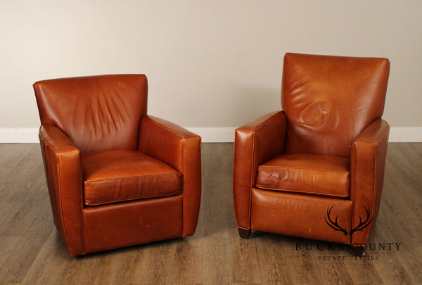 Crate and Barrel Complementing Pair Swivel, Reclining Leather Lounge Chairs