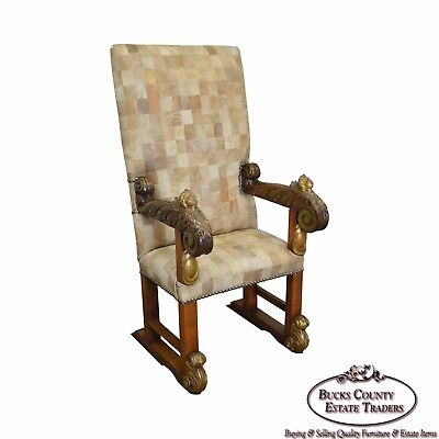 18th Century Italian Renaissance Patchwork Leather Partial Gilt Throne Chair