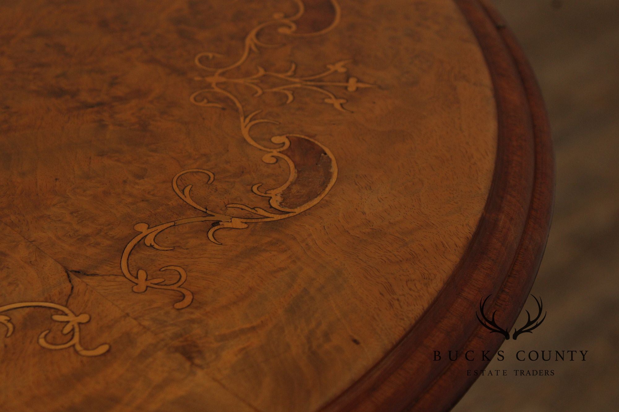 Antique Victorian Carved Inlaid Burl Wood Round Side Table