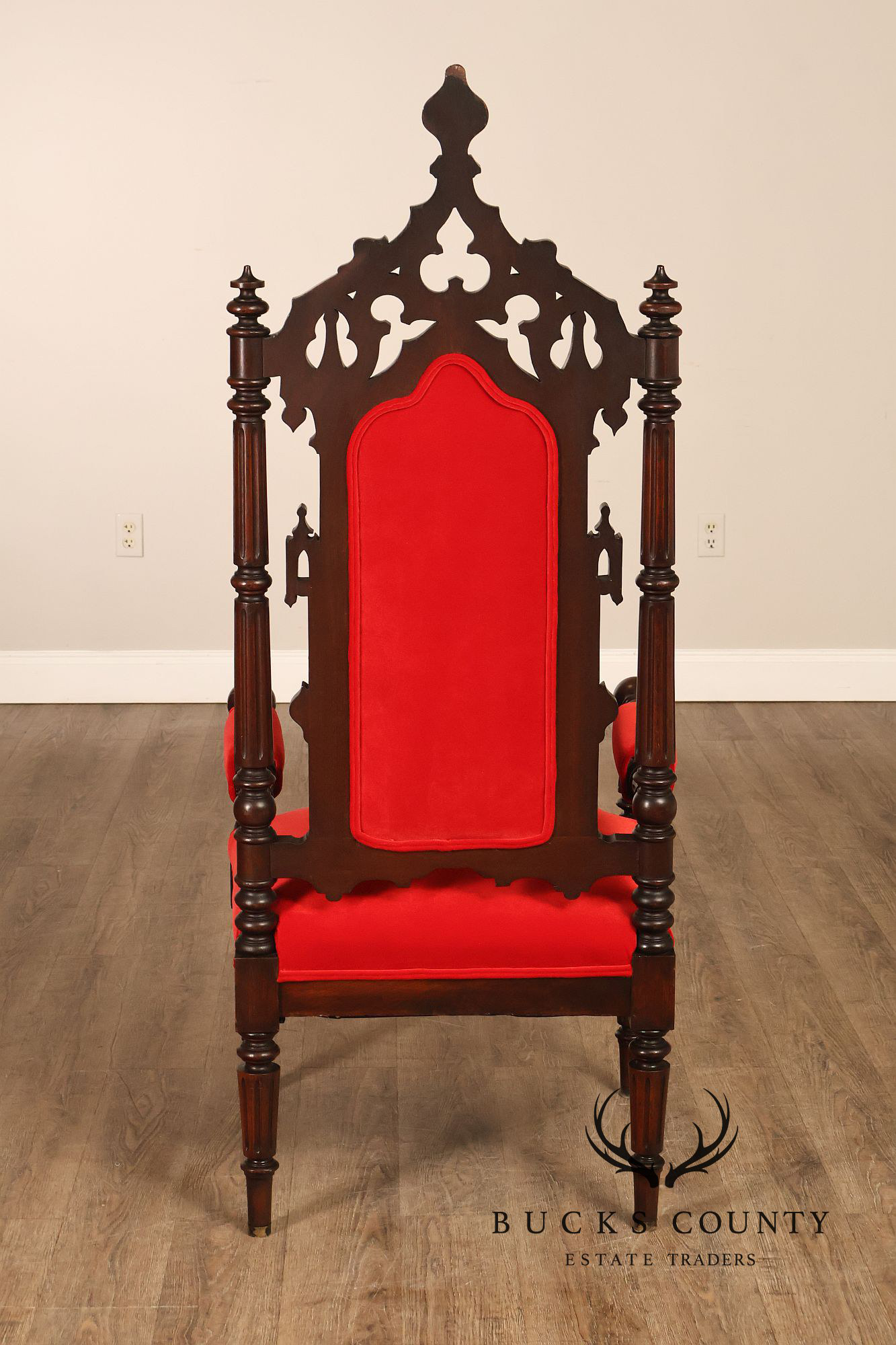 Gothic Revival Walnut Carved Wood Throne Pair Of Armchairs