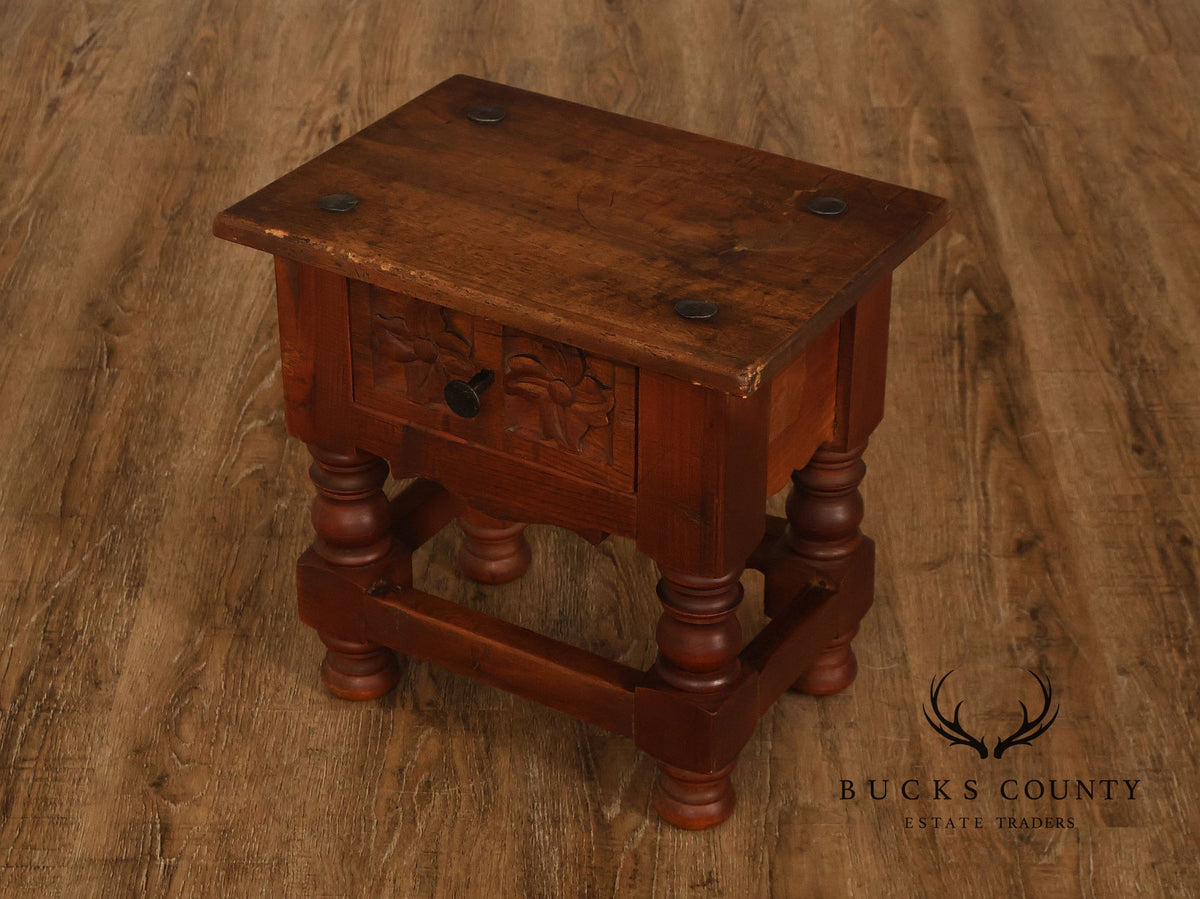 Vintage Spanish Colonial Revival Carved Wood One-Drawer Side Table
