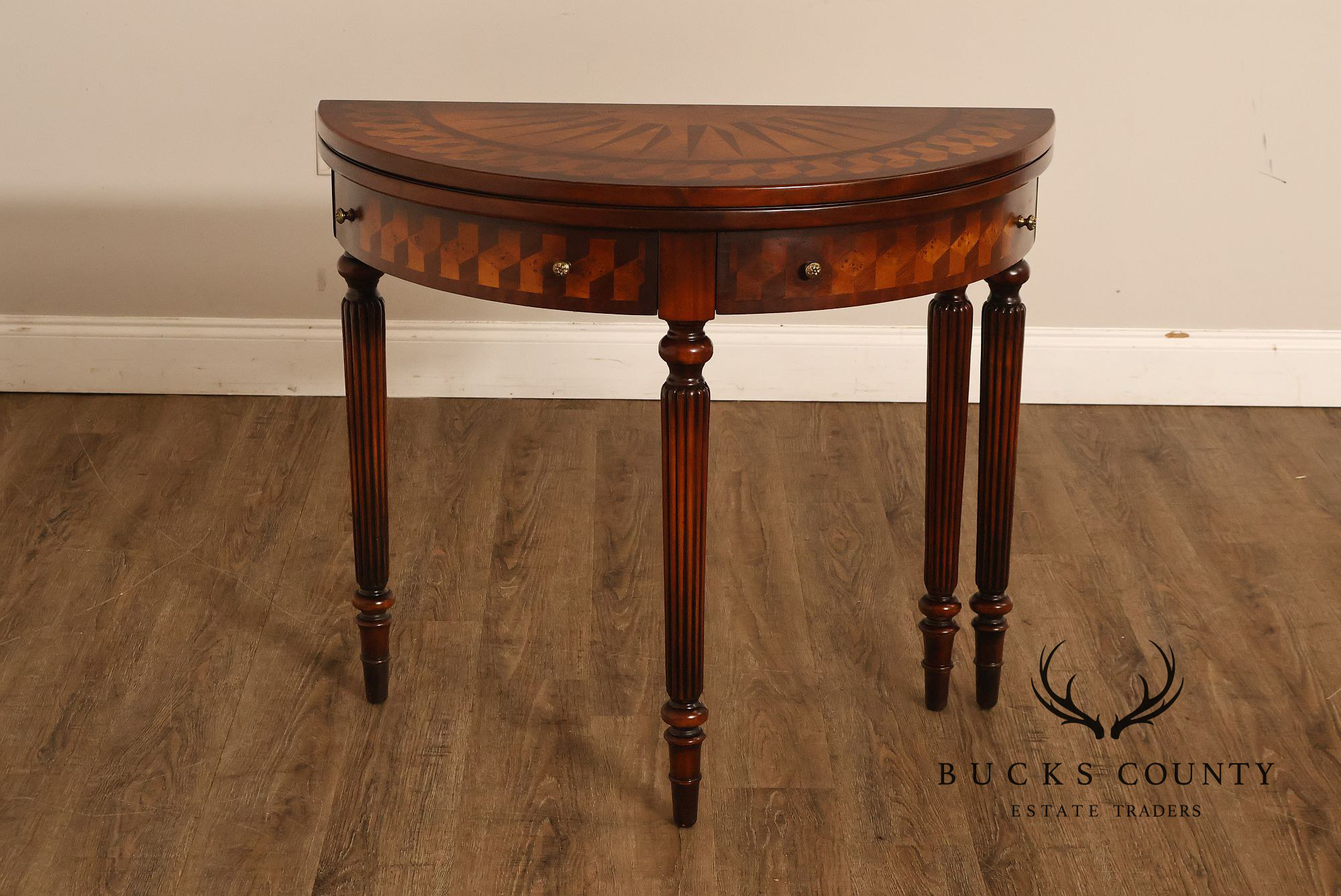Maitland Smith Inlaid Demilune Console Games Table