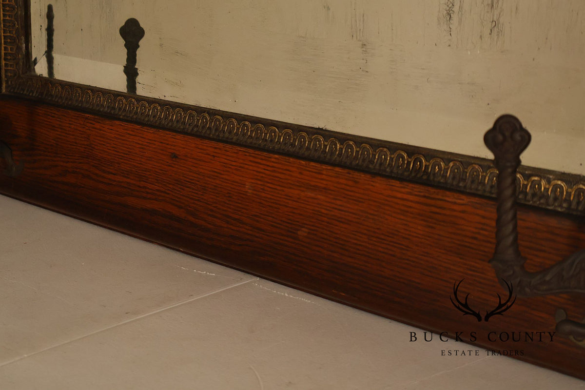 Antique Victorian Oak Wall Mirror With Cast Iron Coat Hooks