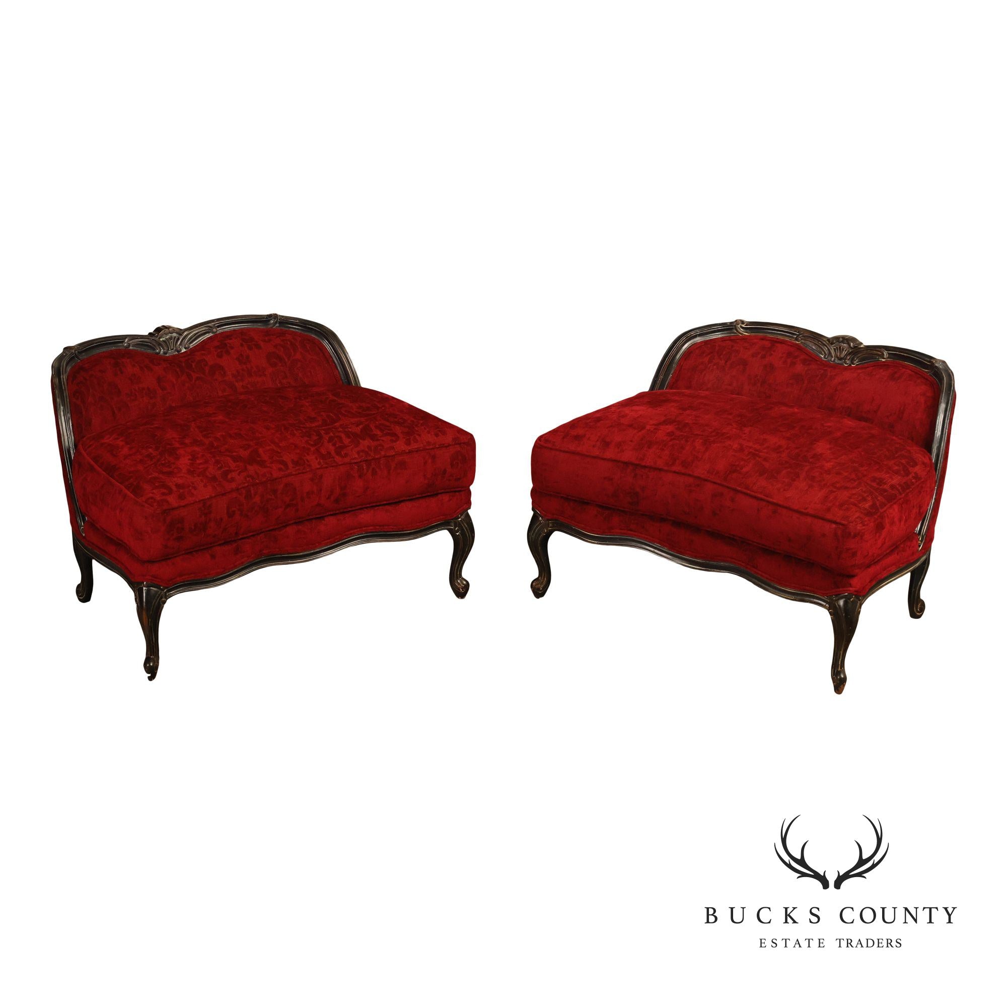 Henredon Louis XV Style Pair Of Red Upholstered Bergère Lounge Chairs