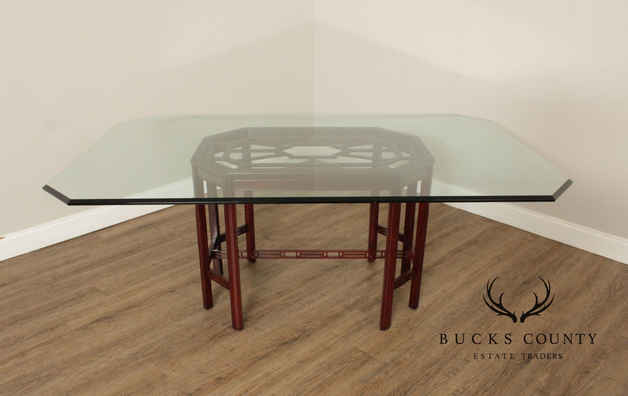 Chinese Chippendale Style Glass Top Mahogany Dining Table