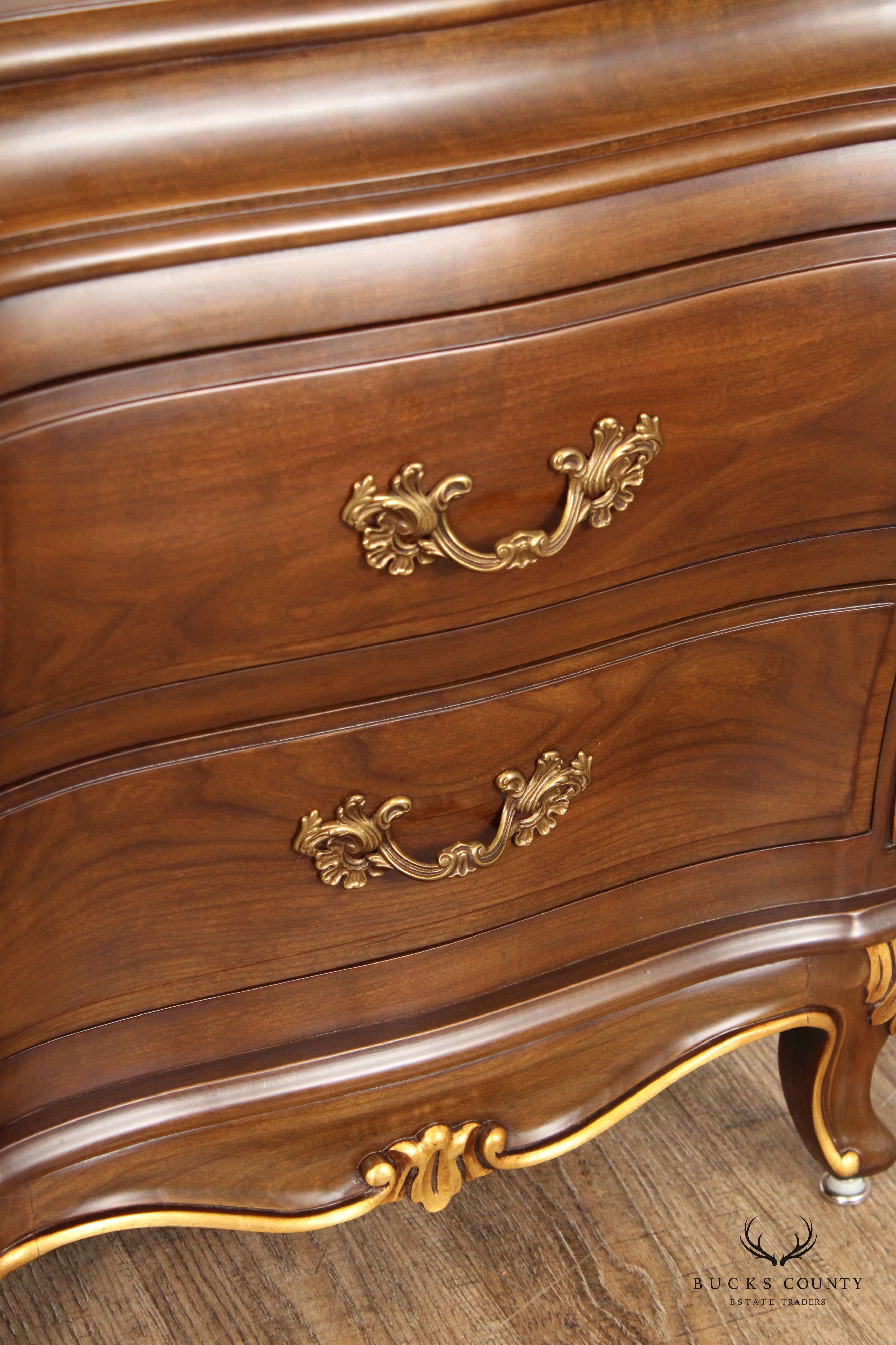 Karges French Louis XV Style Pair of Walnut Bombe Chest Nightstands