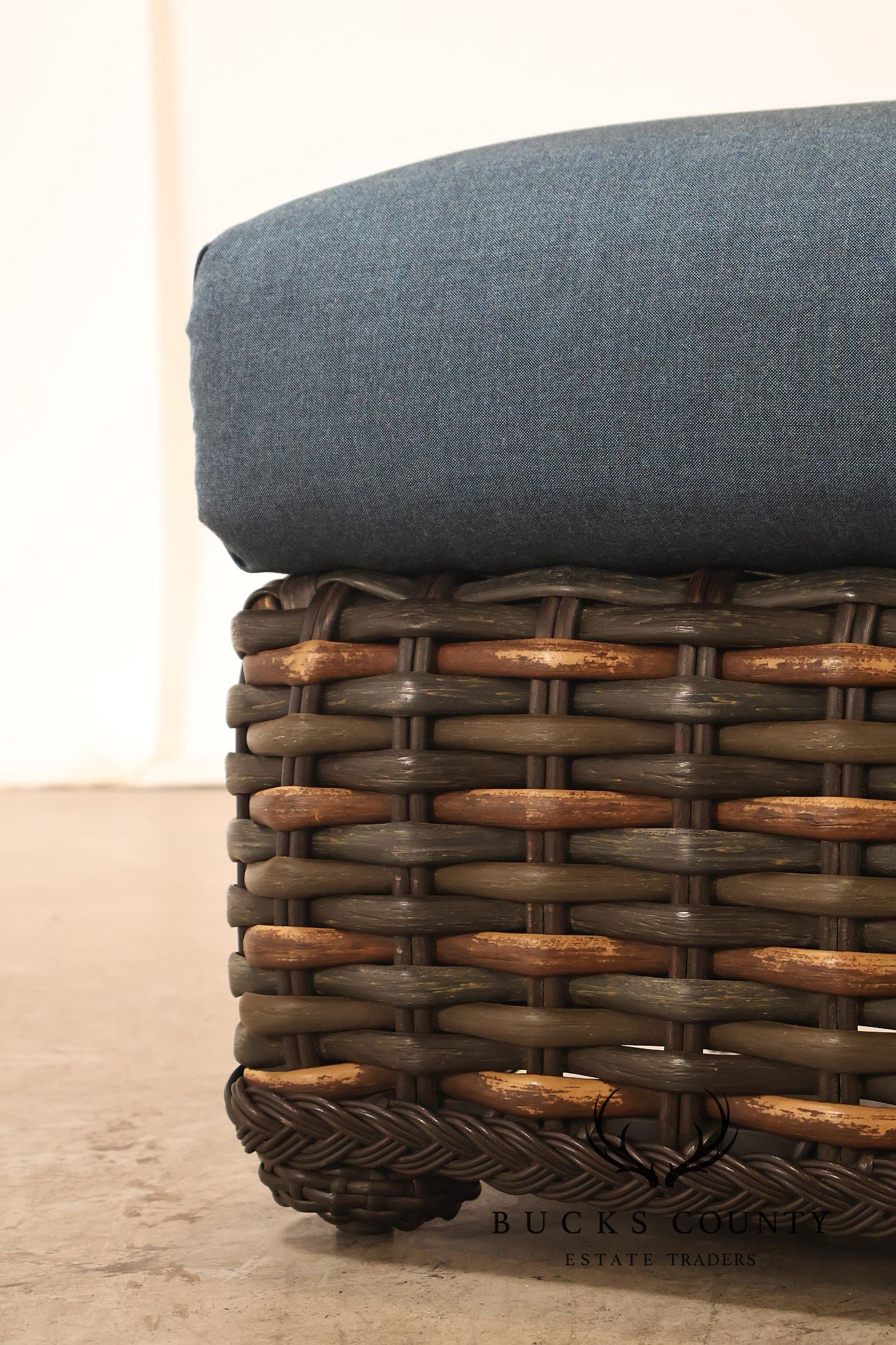 Lane Venture Weather Master Pair Of Woven Wicker Outdoor Ottomans With Blue Cushions